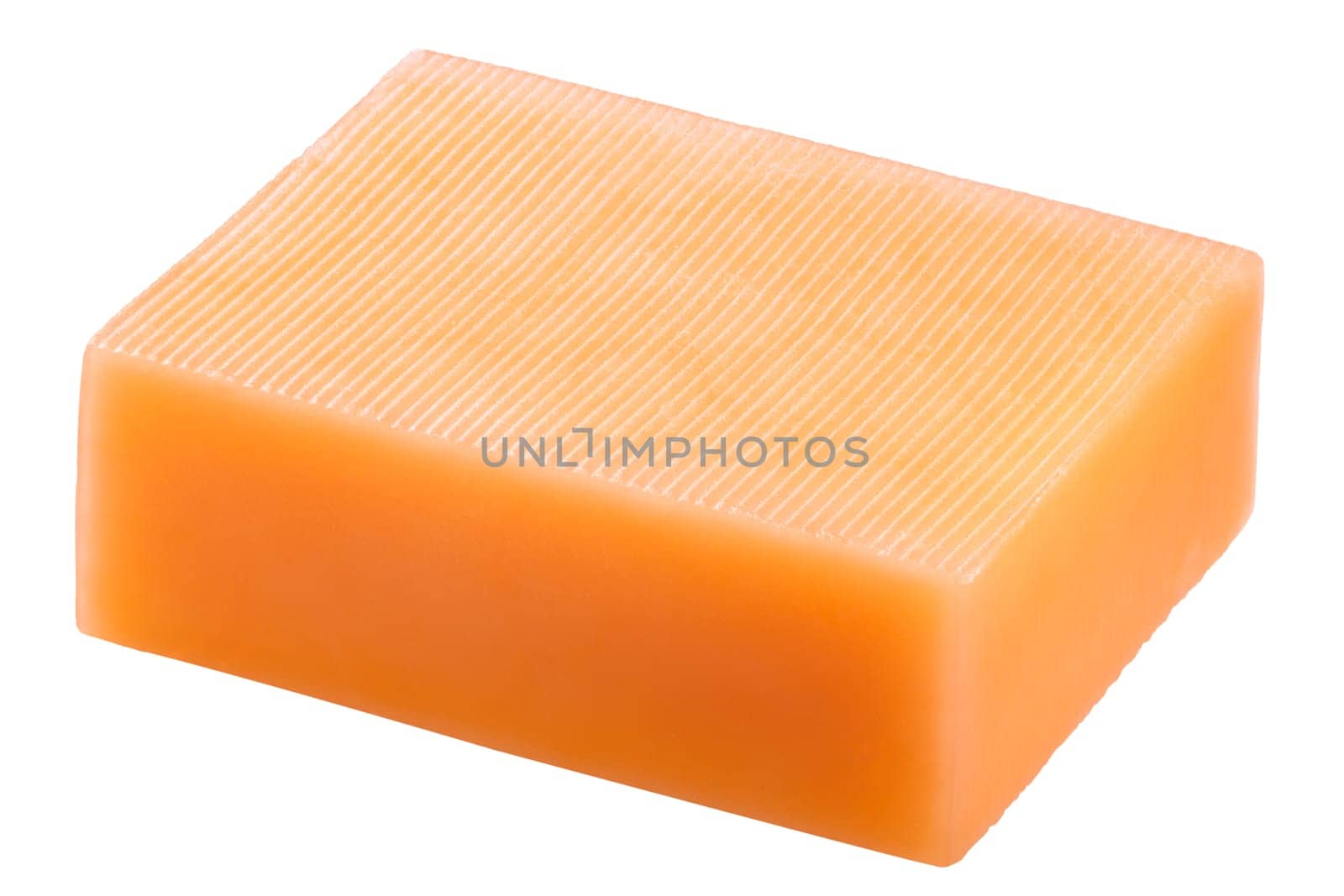 Cheddar cheese rectangular block or piece isolated on white, shadowless, with annato