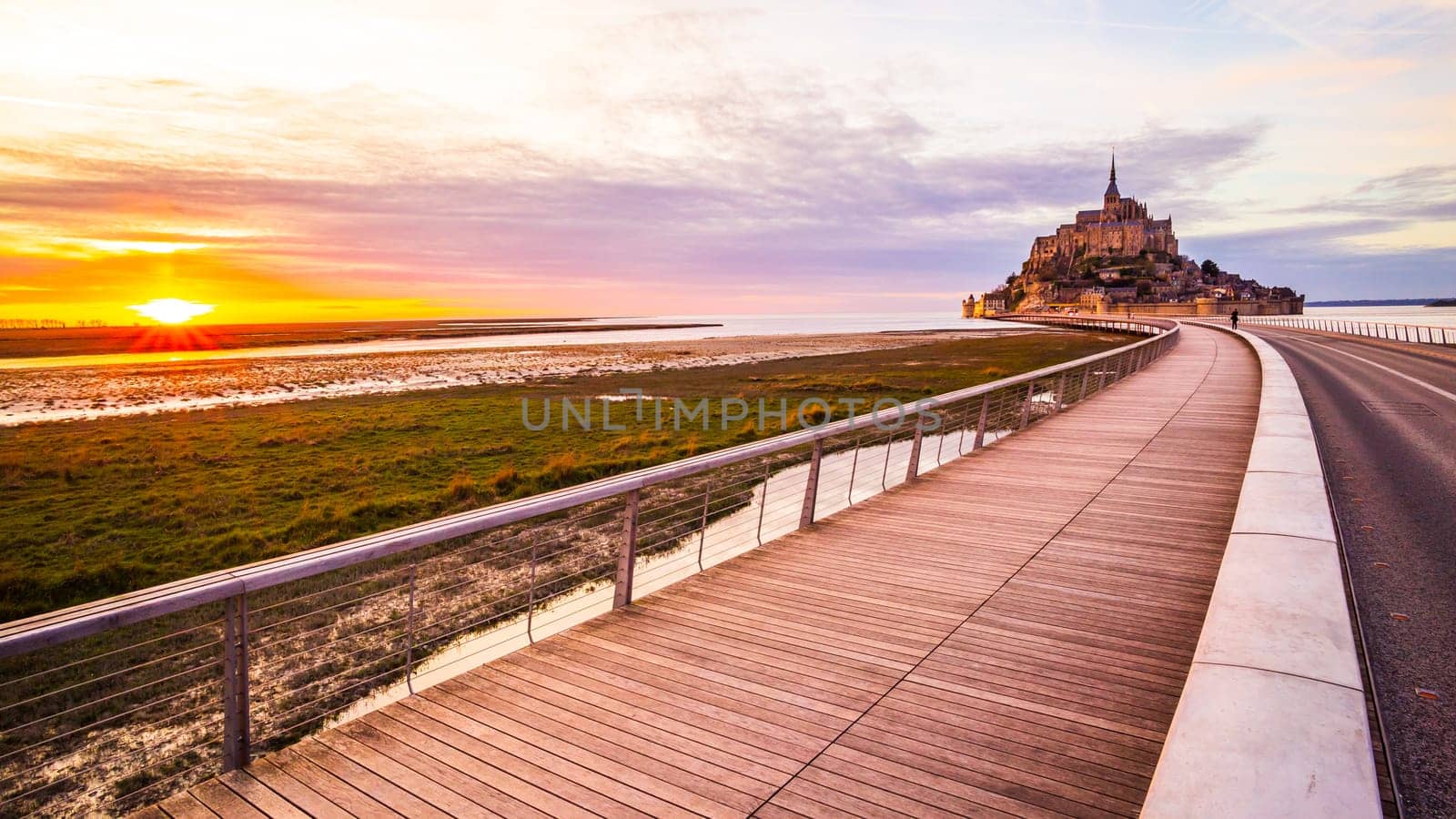 Mont-Saint-Michel sunset from the bridge, Normandy, France