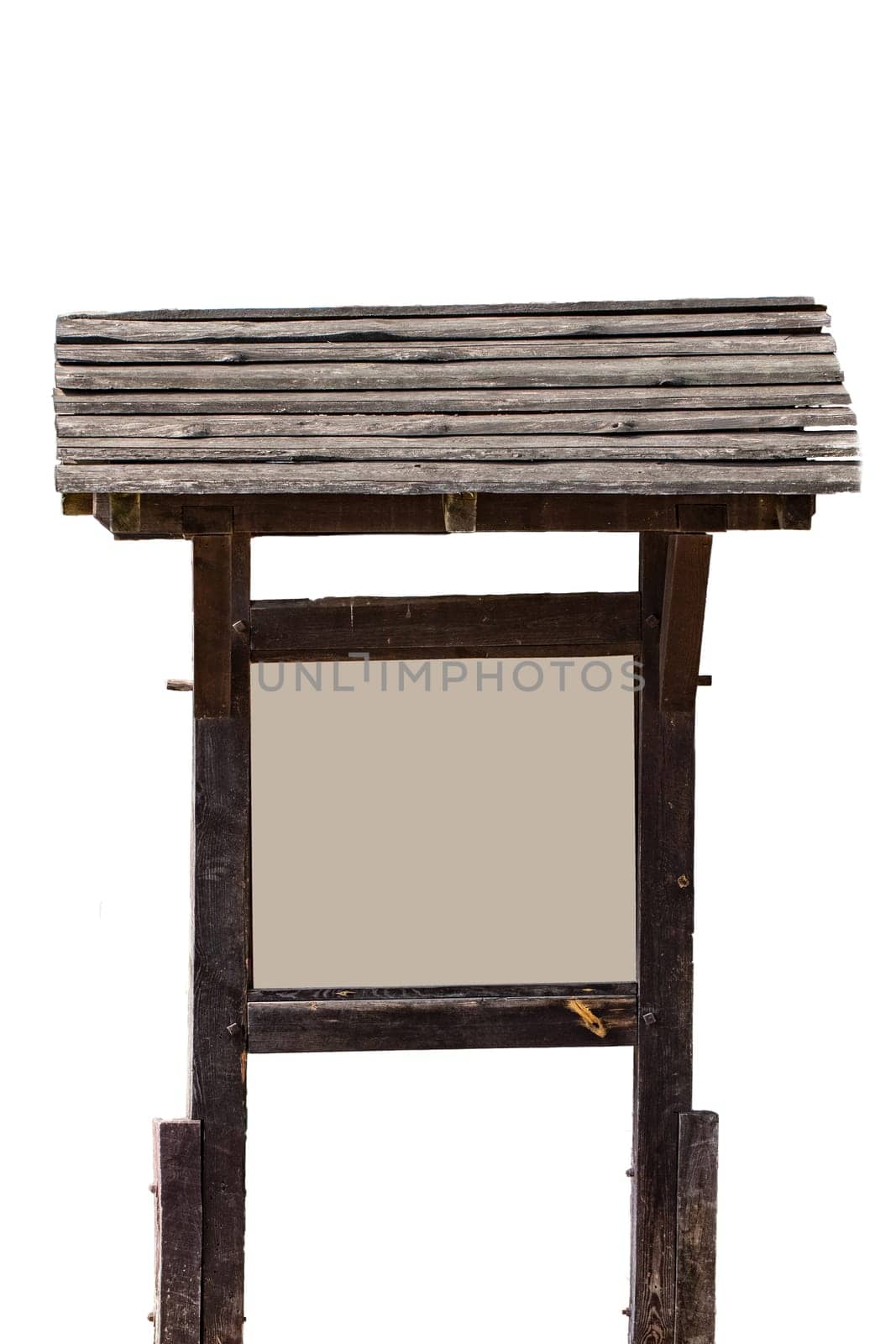 A vintage wooden brown stand with an empty bright information board isolated on a white background. Food recipe or other advertising.
