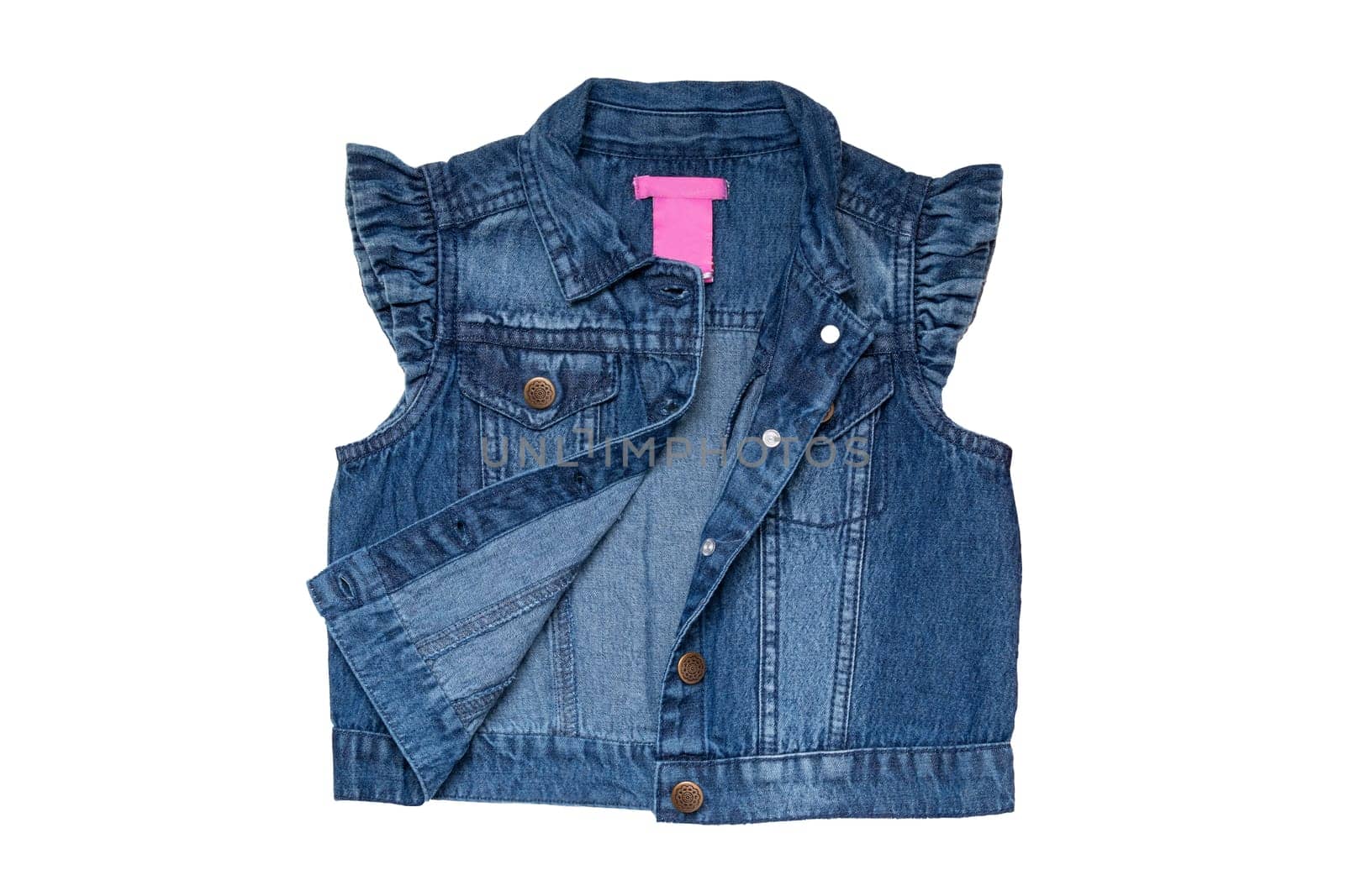 Jeans vests fashion. Sleeveless blue jeans vest or jacket for the little girl isolated on a white background. Top view front.