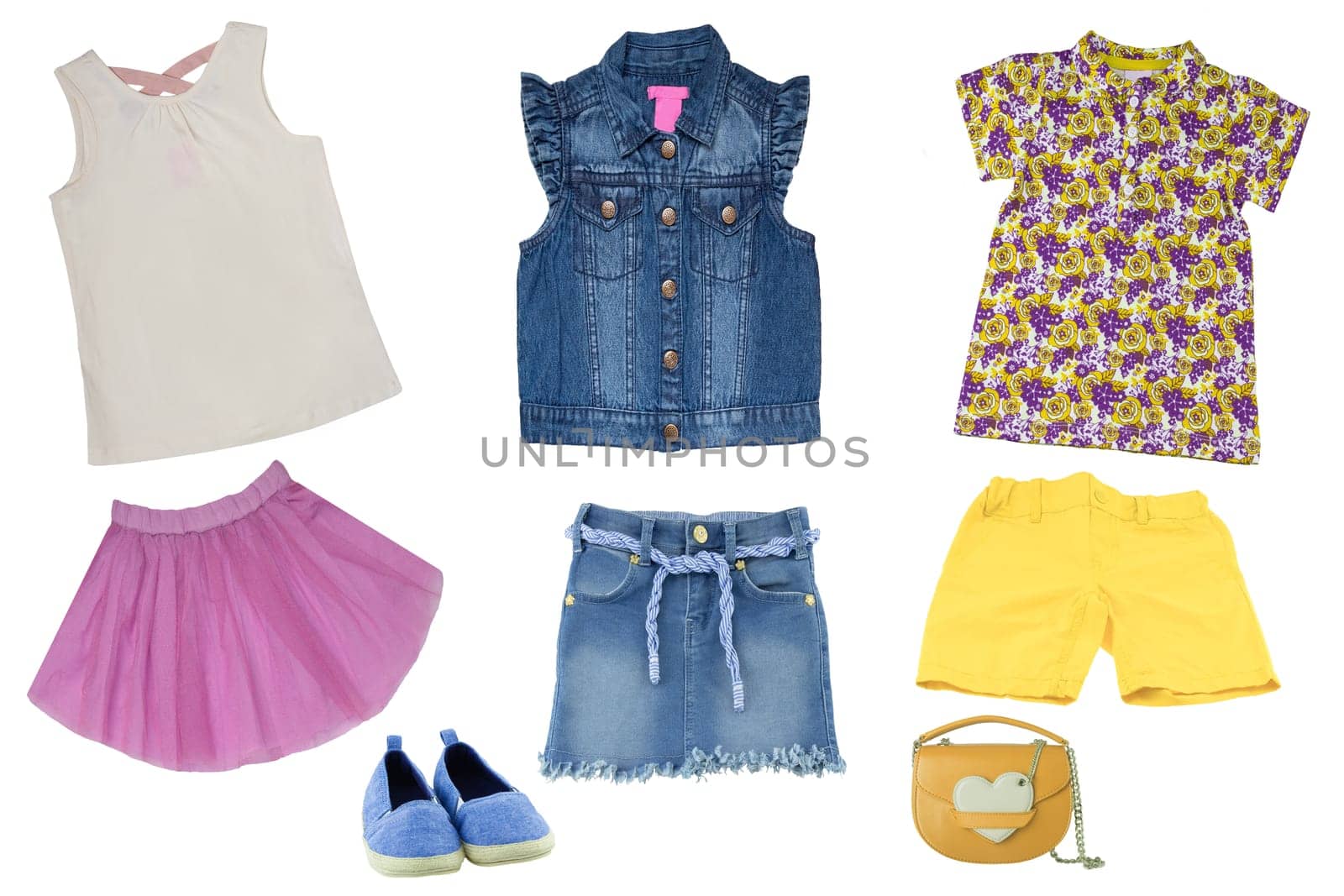 Collage set of little girl summer clothes isolated on a white background. The collection of jeans skirt, a sleeveless jeans vest, shoes, short summer skirt, shirts and a bag. Little girl fashion.