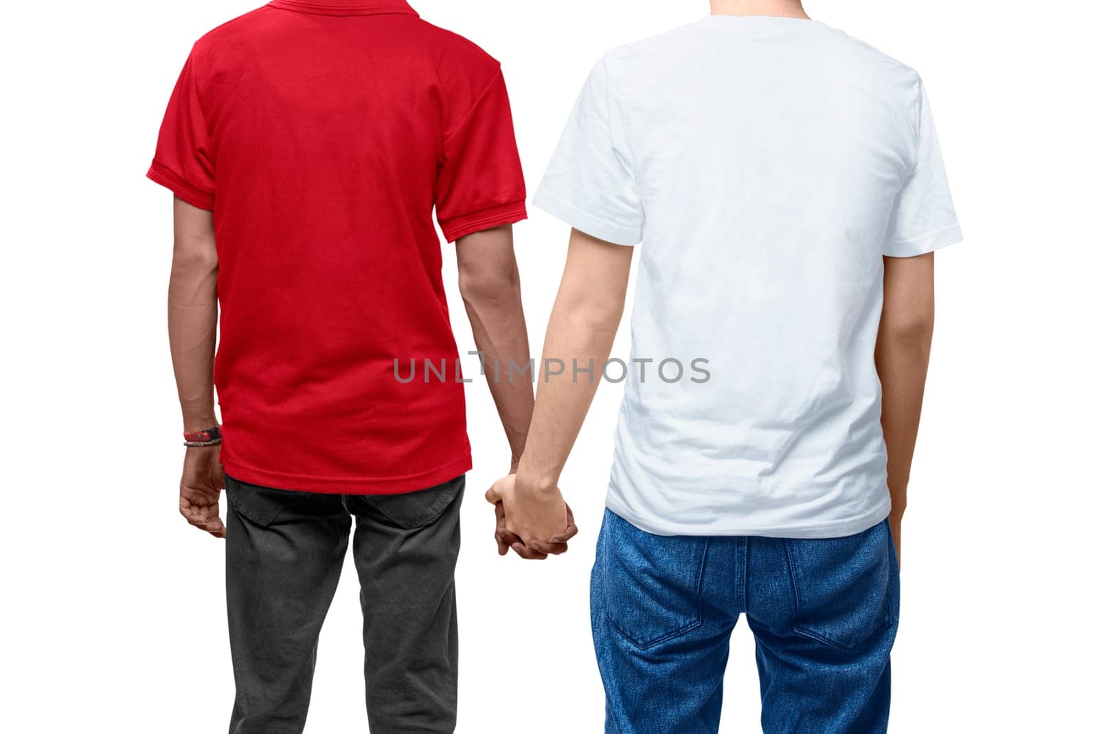 Rear view of gay couple holding hands together standing isolated over white background
