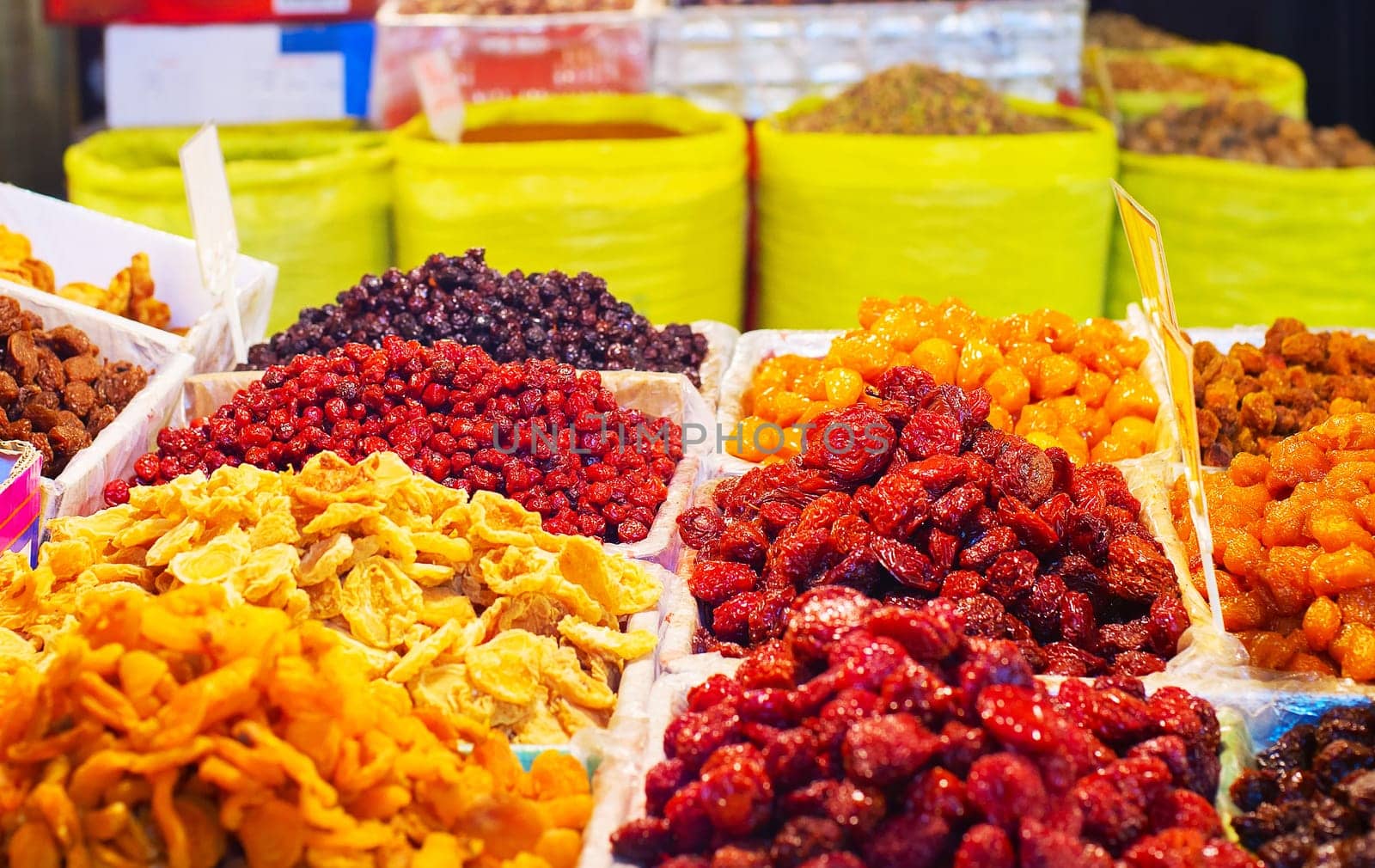 Dried fruits and nuts at stall of Grand Bazaar, Tehran, Iran