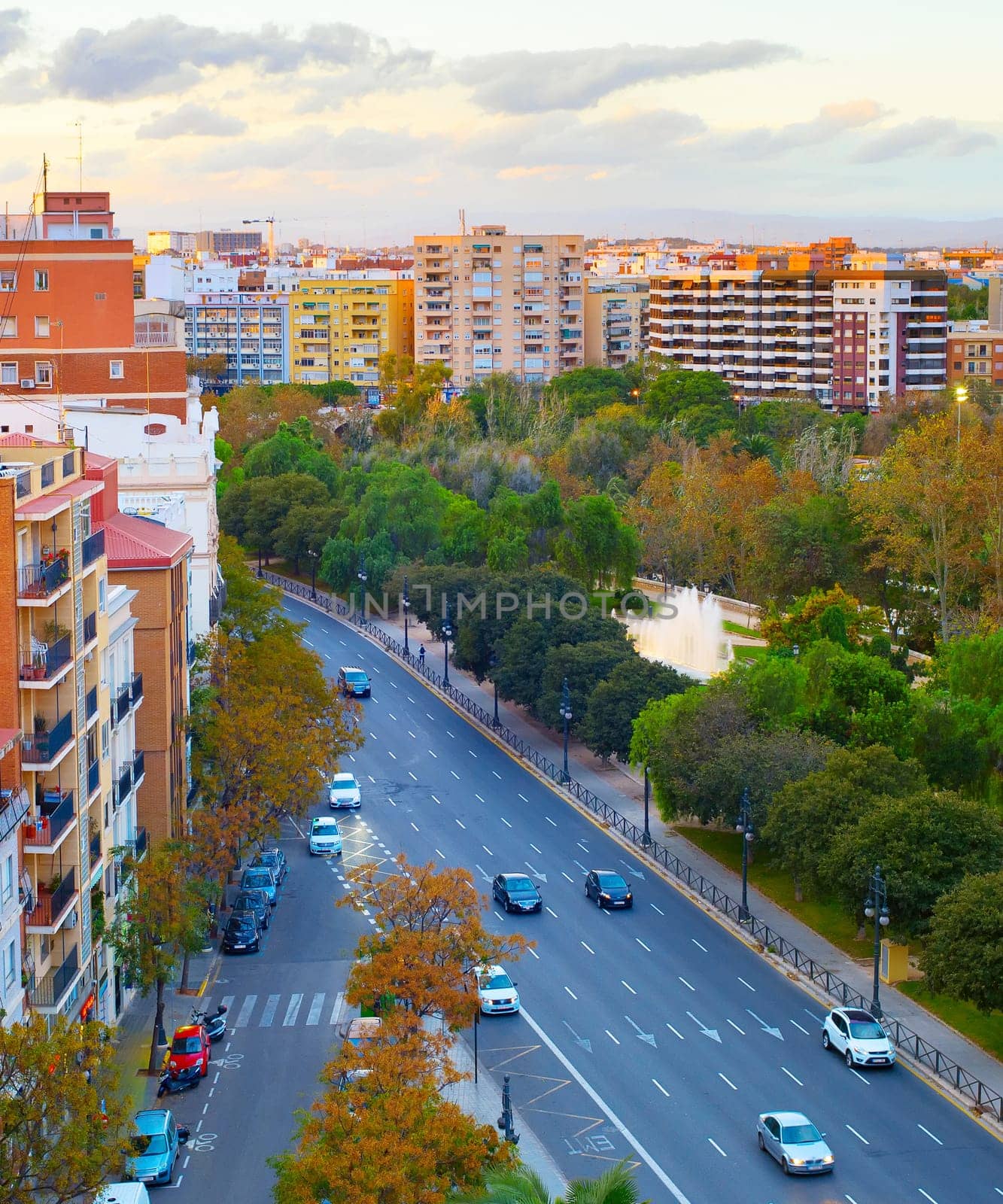 Skyline of Valencia with urban road and modern architecture. Spain