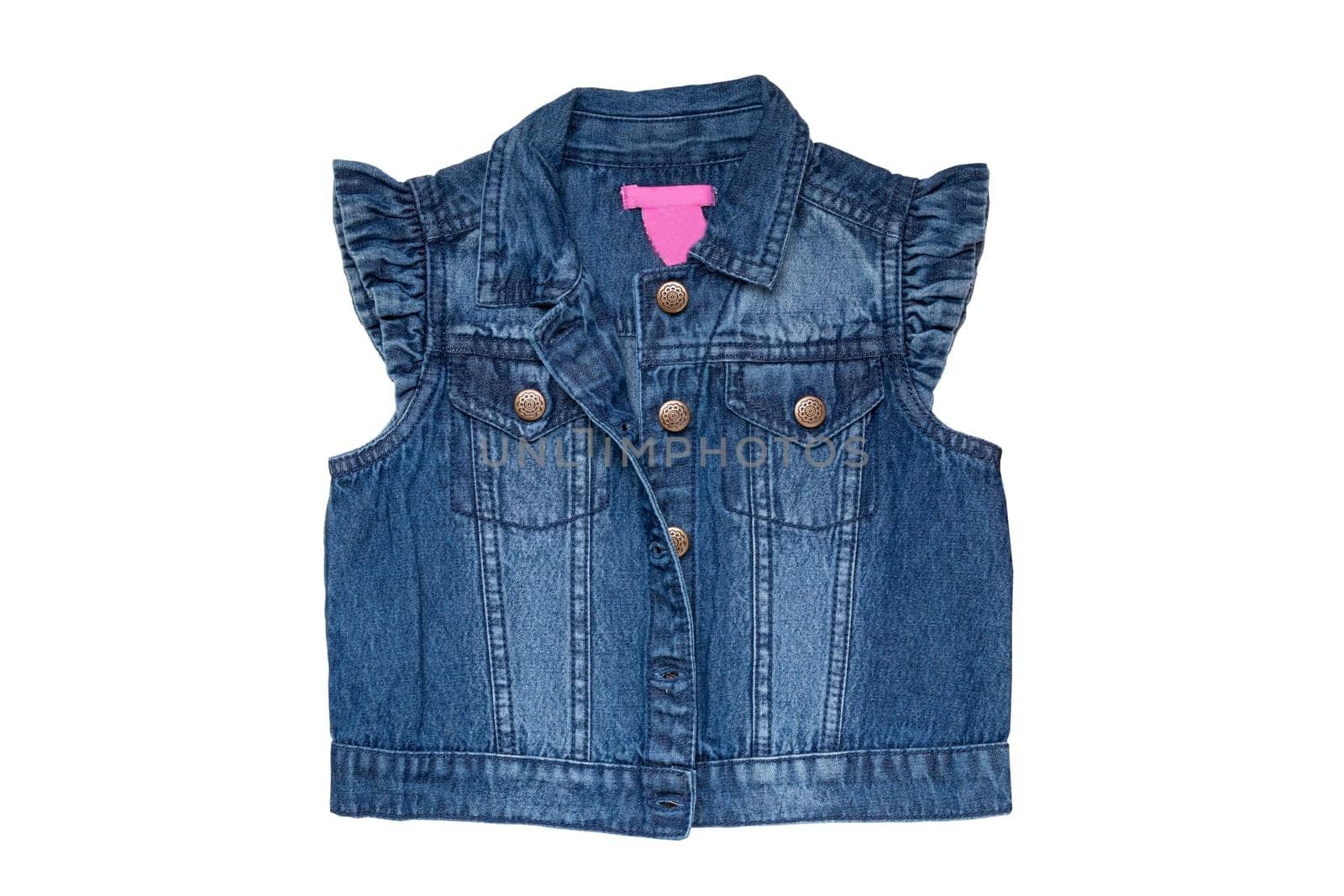 Jeans vests fashion. Sleeveless blue jeans vest or jacket for the little girl isolated on a white background. Top view front.