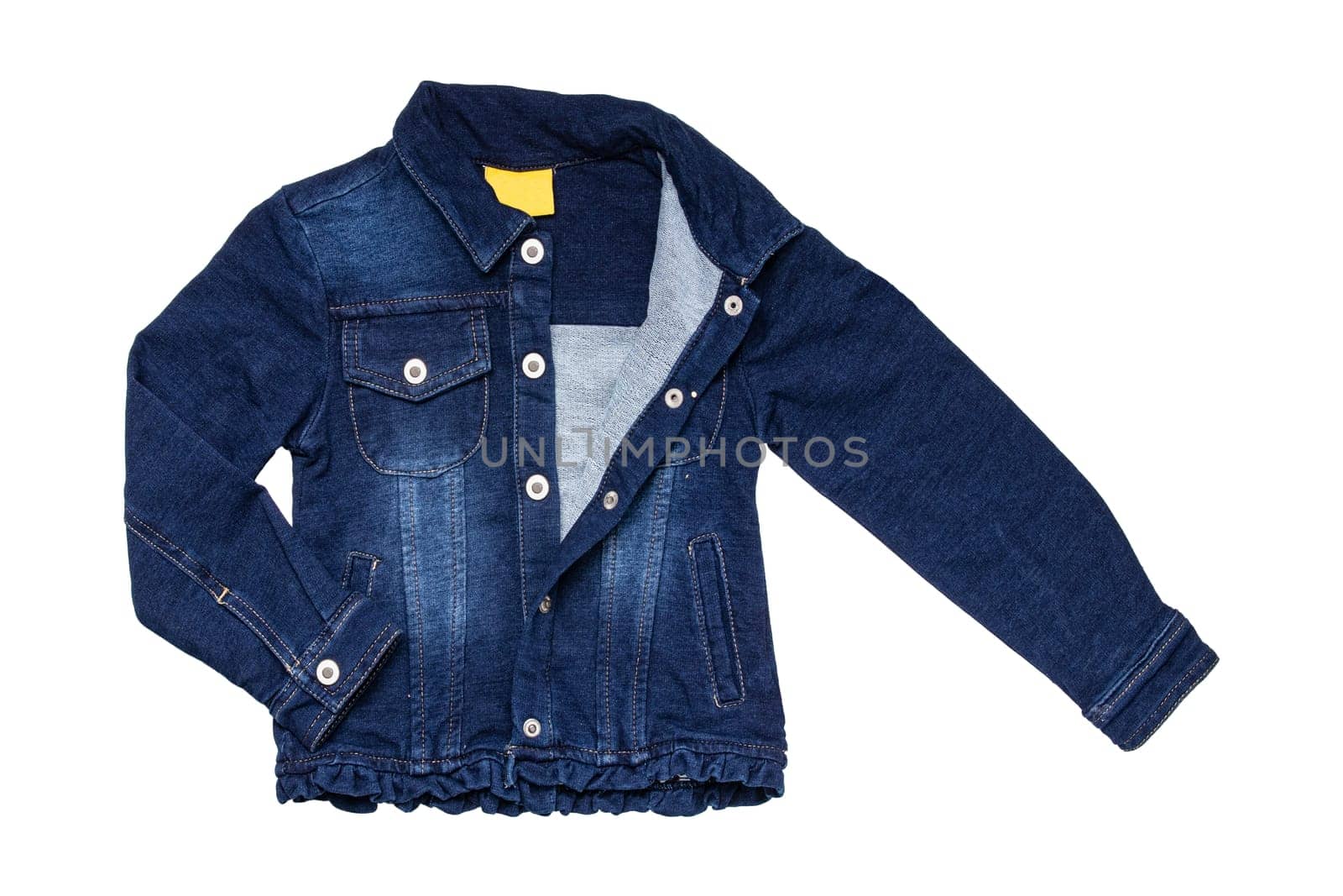 Kids jeans jacket isolated. A stylish fashionable denim dark blue jacket with a light blue lining for the little girl. Children jeans fashion.
