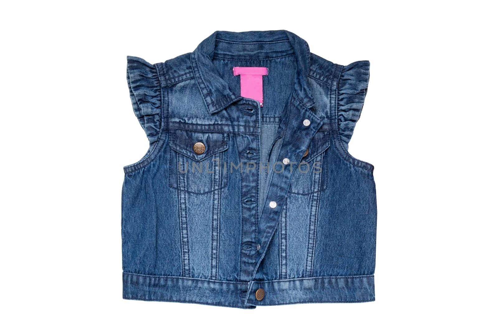 Jeans vests fashion. Sleeveless blue jeans vest or jacket for the little girl isolated on a white background. Top view front.