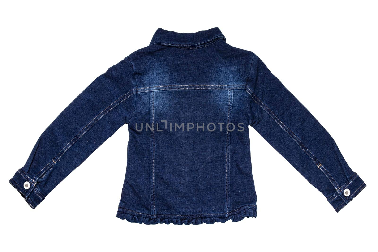 Kids jeans jacket isolated. A stylish fashionable denim dark blue jacket with a light blue lining for the little girl. Children jeans fashion. Back view.