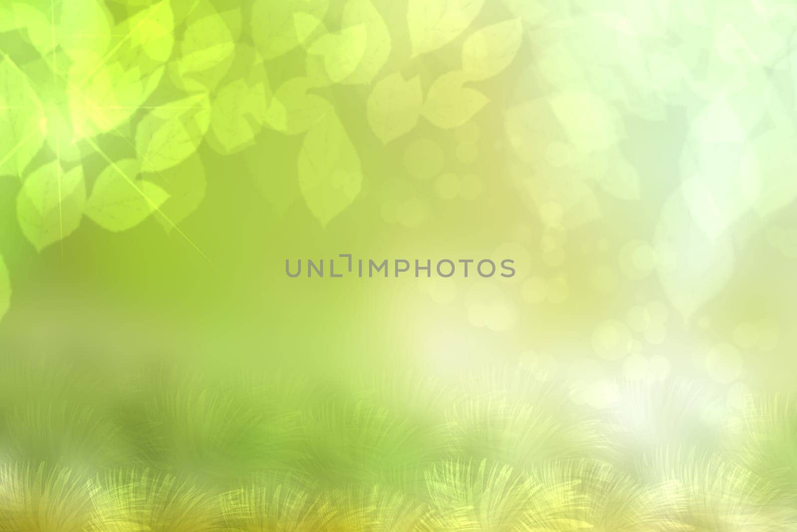 Abstract bright spring or summer landscape texture with natural green bokeh lights, leaves, flowers and a meadow with bright sunny rays. Spring or summer background with copy space.