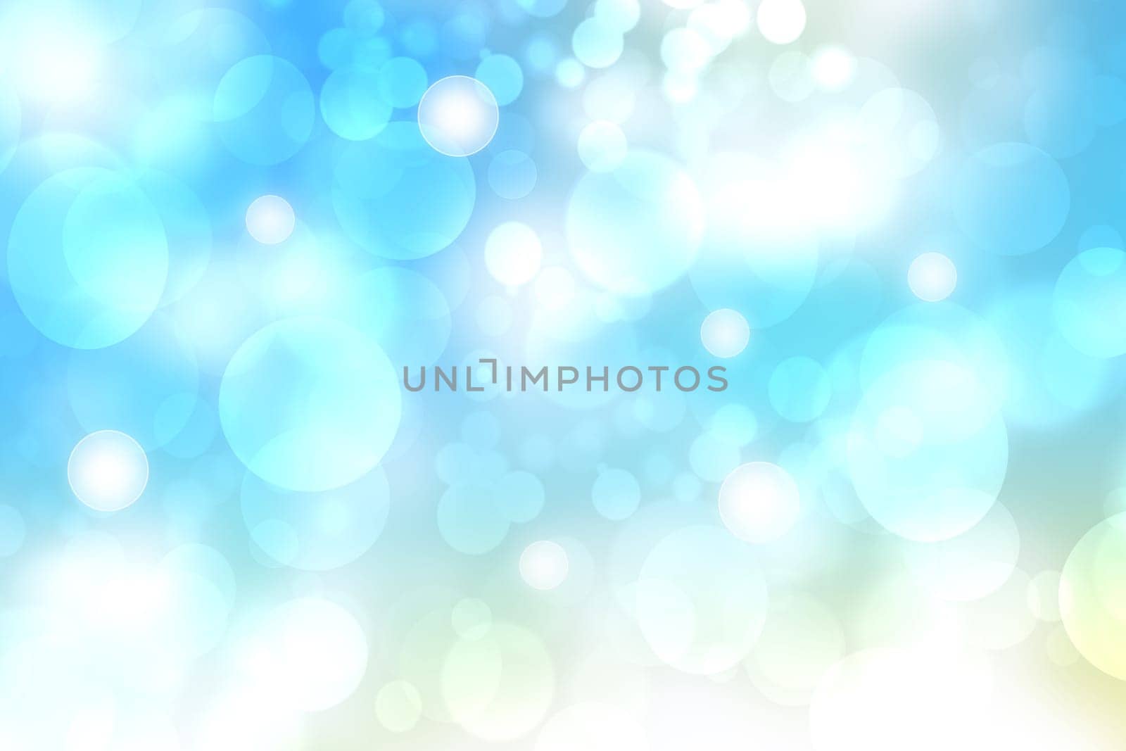 Abstract bright spring or summer landscape texture with natural light green bokeh lights and blue bright sunny sky. Autumn or summer background with copy space.