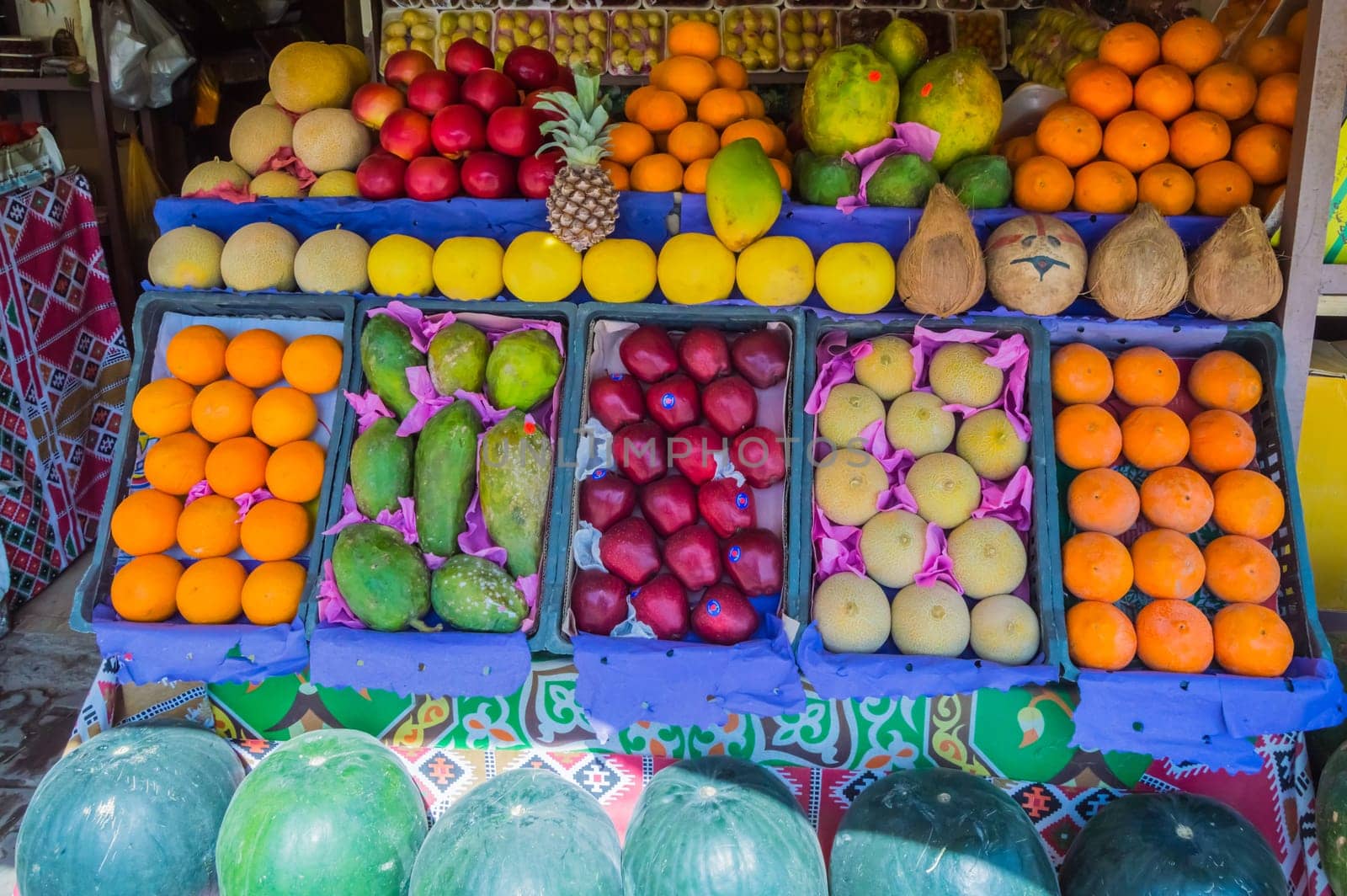 EGYPT, HURGHADA - 01 Avril 2019:Display of fruits in a shop of the city of Hurghada in Egypt