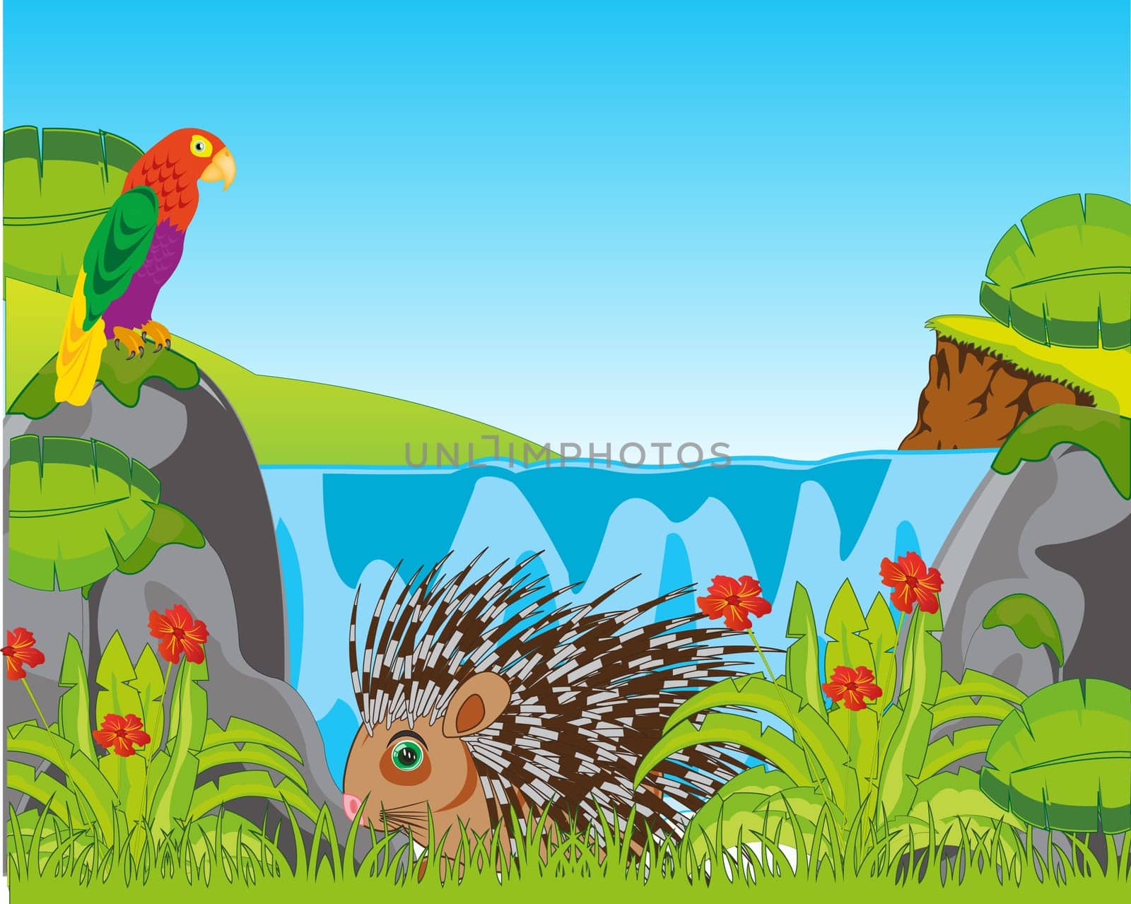 Vector illustration of the beautiful landscape of the waterfall in tropical jungle