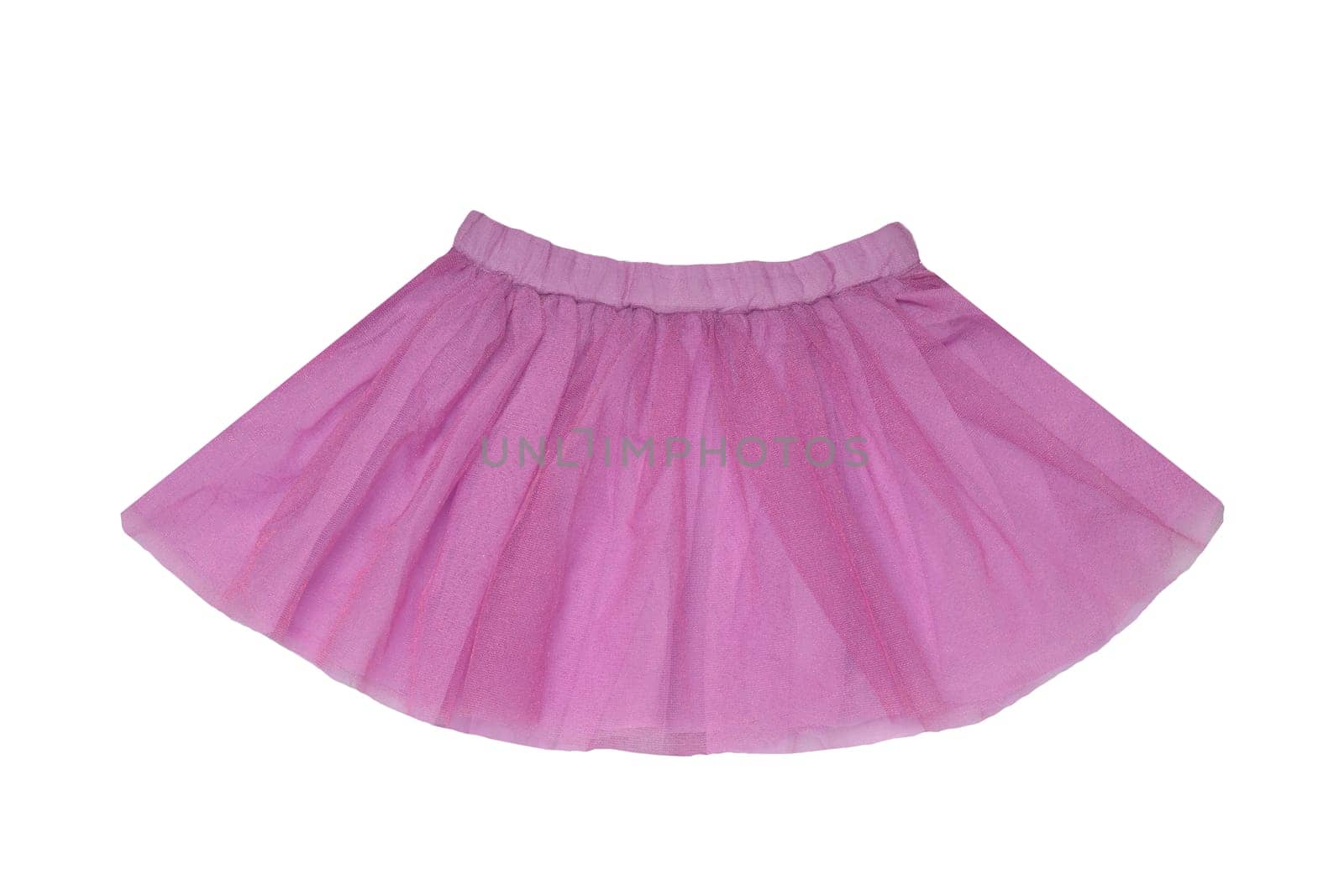 Girls clothes. Festive beautiful pink glistening little girl short summer skirt isolated on a white background. Ballerina kids clothes.