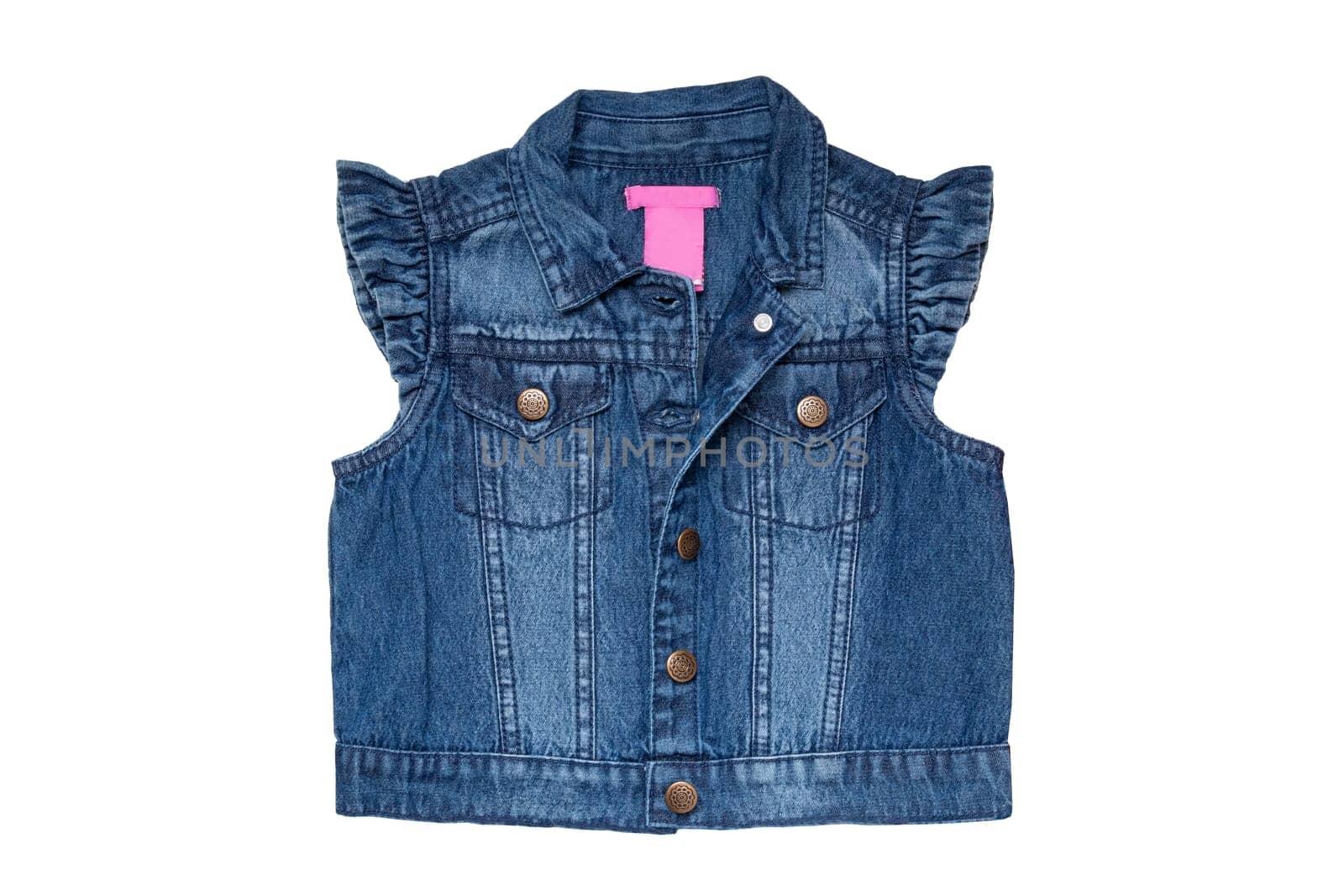 Jeans vests fashion. Sleeveless blue jeans vest or jacket for the little girl isolated on a white background. Top view front.