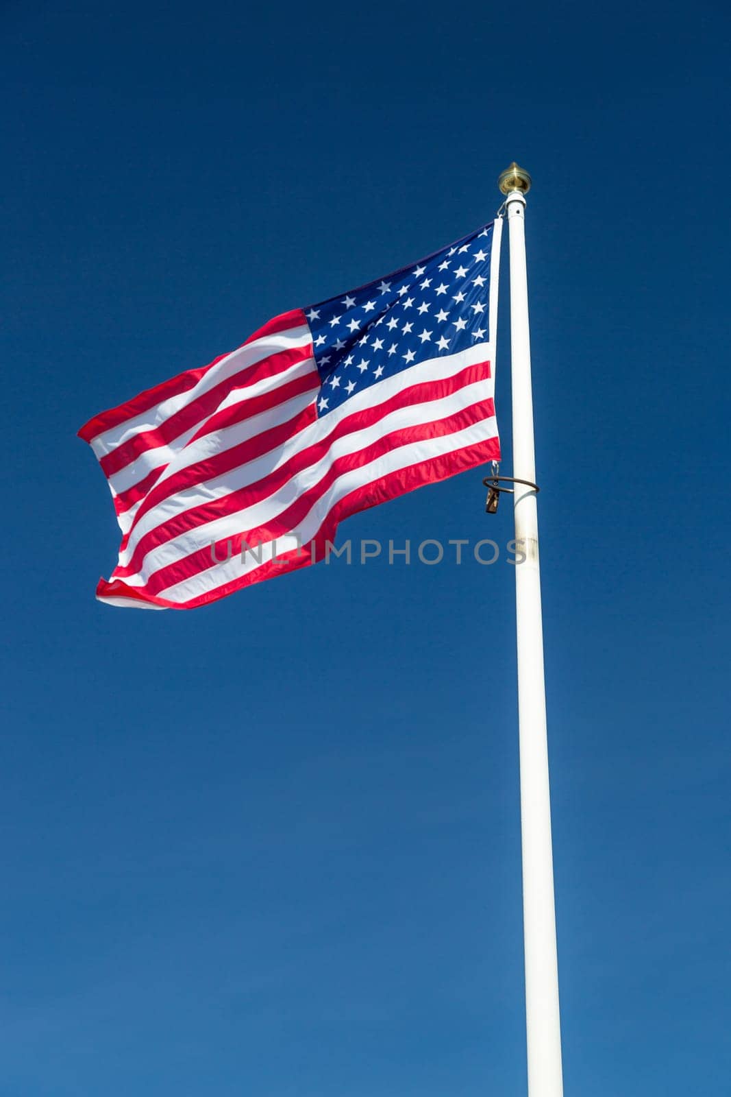 The Flag of the United States of America waving in the wind witha  clear blue sky.