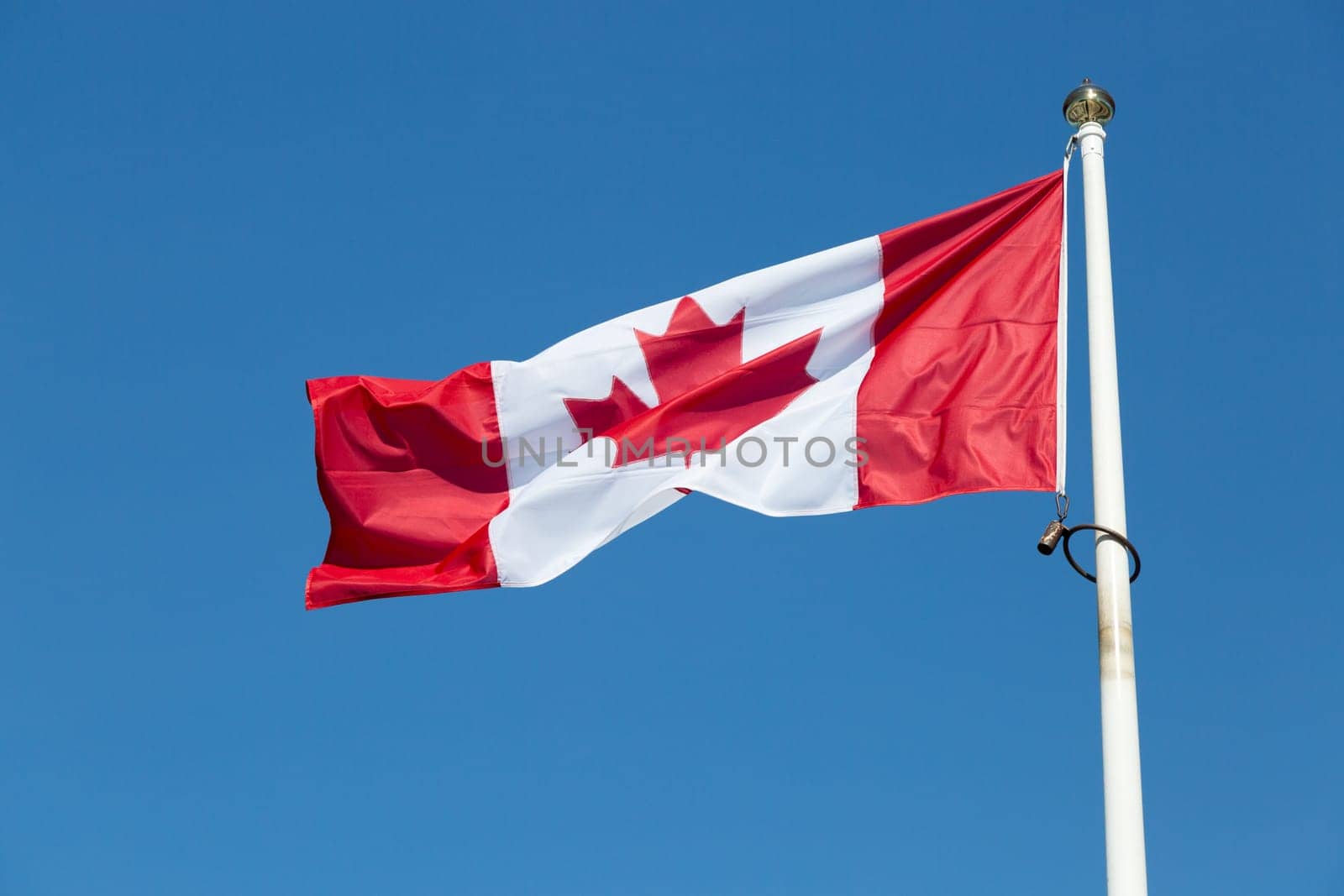 The Canadian Flag on a Falgpole with a clear blue sky.