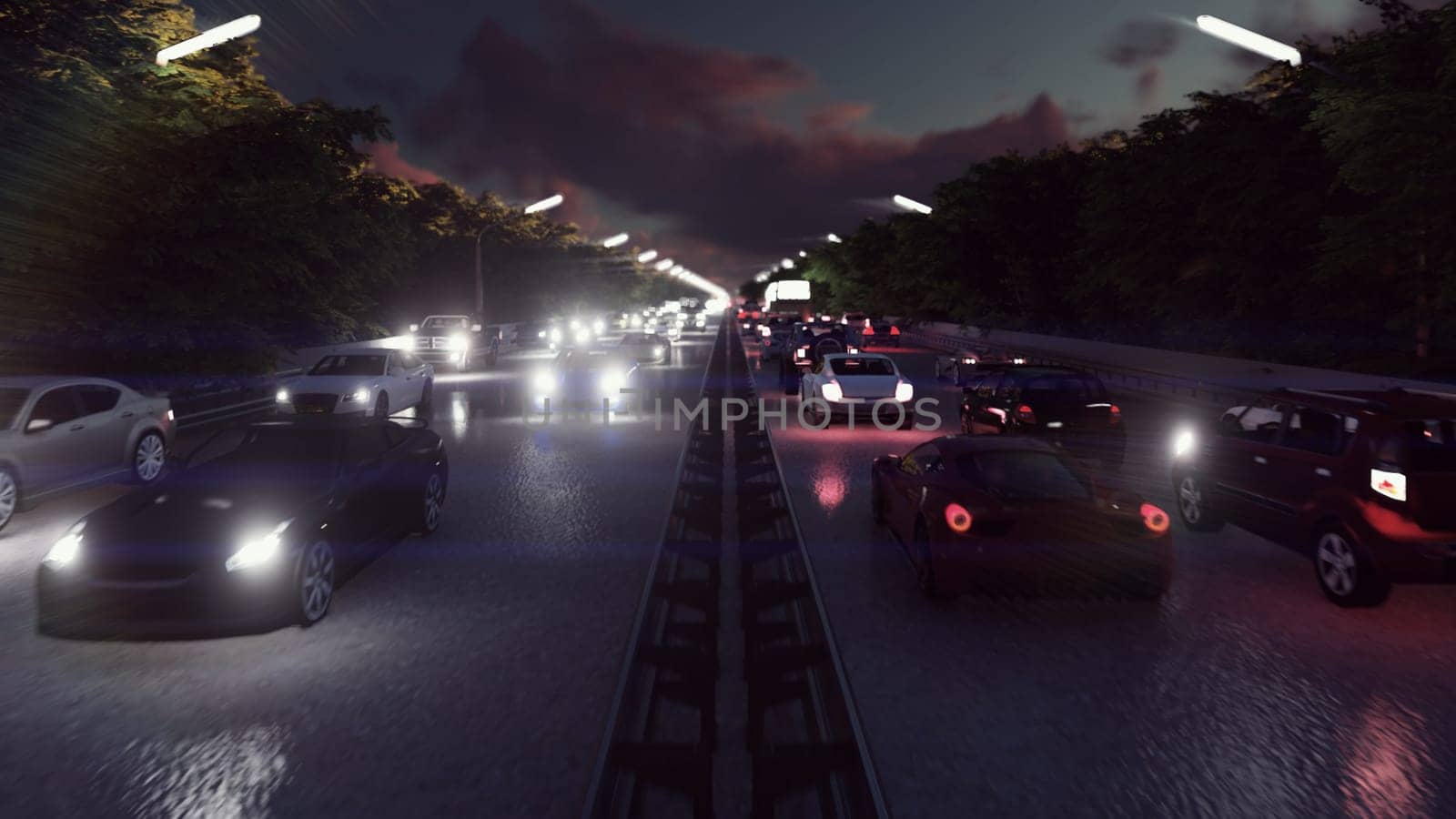 Night cars lights and heavy traffic. Cars with headlights on go to the city at night.