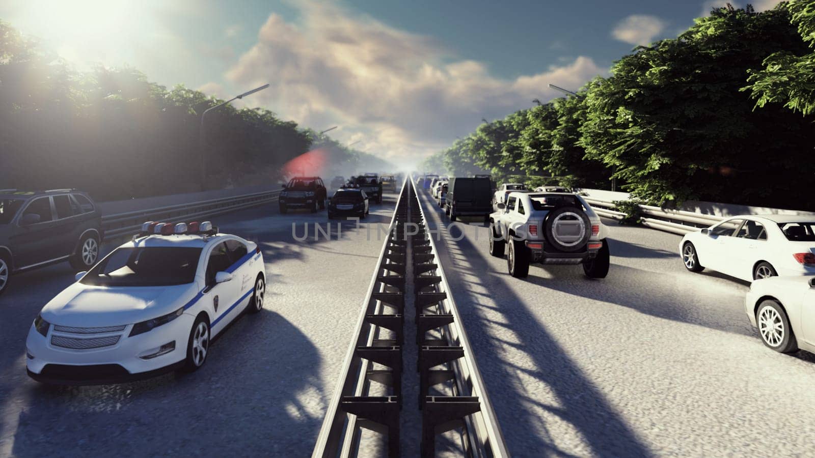 Heavy traffic in the city during the day. Cars entering the city in the morning.