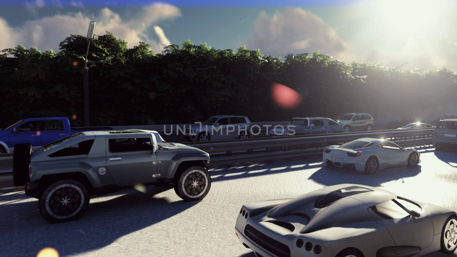 Heavy traffic in the city during the day. Cars entering the city in the morning.