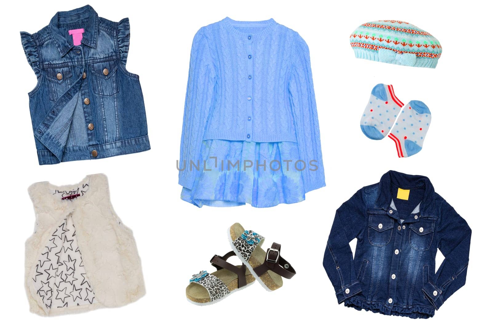 Collage set of little girl summer clothes isolated on a white background. The collection of jeans jacket, a sleeveless jeans vest, shoes, short summer skirt with cardigan, a white fur vest and other accessories. Little girl fashion.