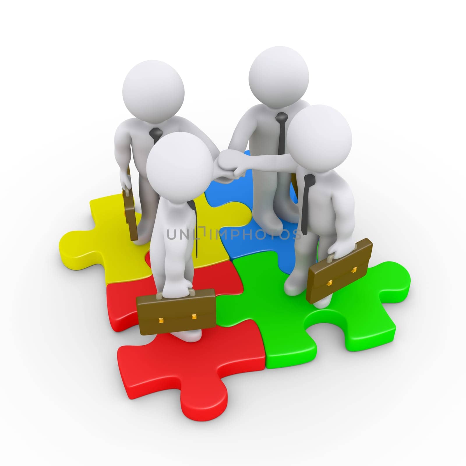 Four 3d businessmen are joining hands on connected puzzle pieces
