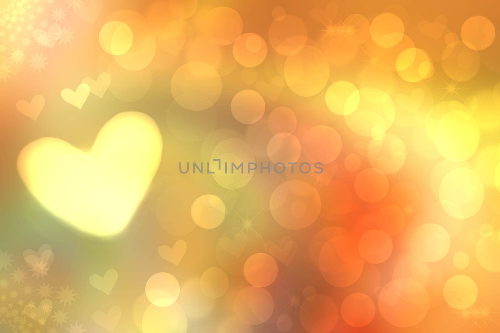 Abstract festive blur bright yellow orange pastel background with yellow hearts love bokeh for Mothers day, valentine or wedding card. Space for design. Card concept.