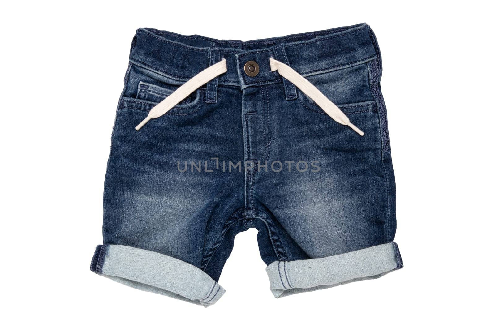 Jeans shorts isolated. Trendy stylish short jeans pants with white ribbon for child boy isolated on a white background. Fashionable denim short pants.