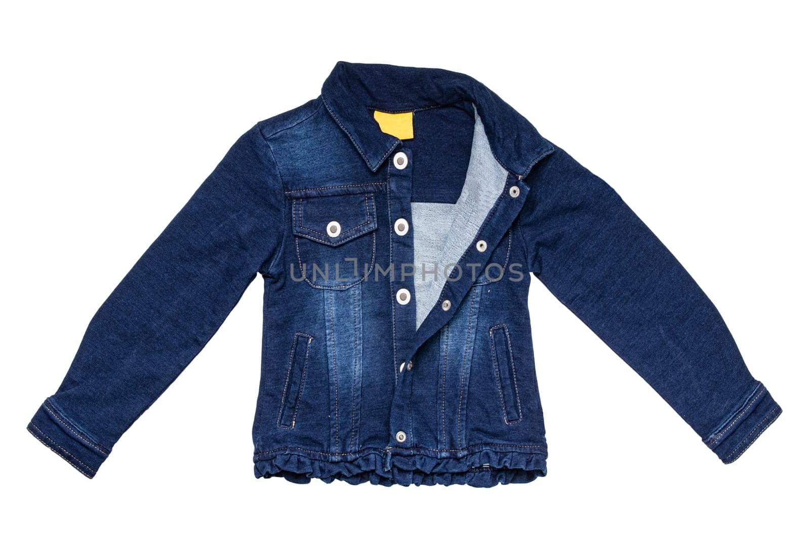 Kids jeans jacket isolated. A stylish fashionable denim dark blue jacket with a light blue lining for the little girl. Children jeans fashion.