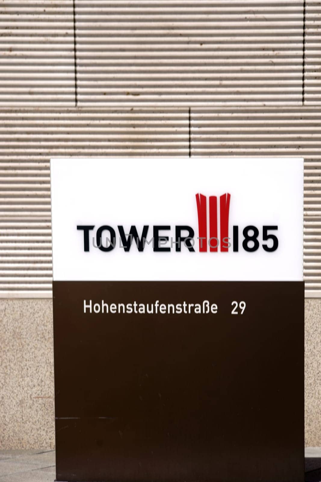 Frankfurt, Germany - April 18, 2019: The modern entrance sign of the skyscraper Tower 185 on April 18, 2019 in Frankfurt.
