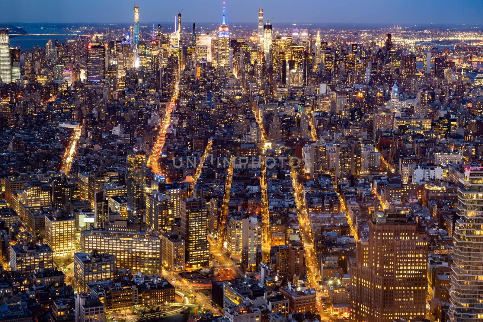 New York city Mid town Skylines cityscape from Manhattan at dusk.