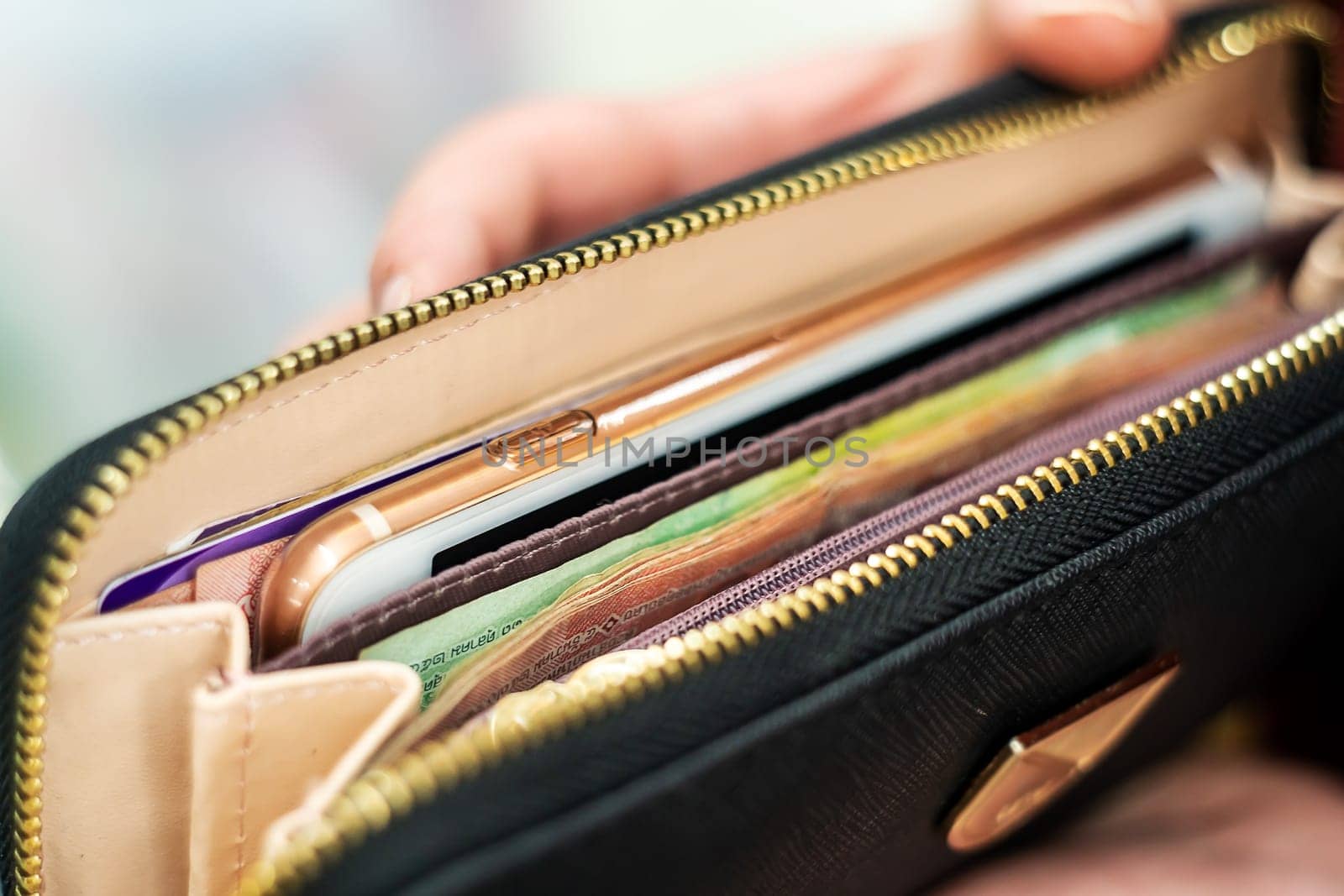 Save money and account banking for finance business concept, Currency money in black bag, Savings for retirement and investing concept