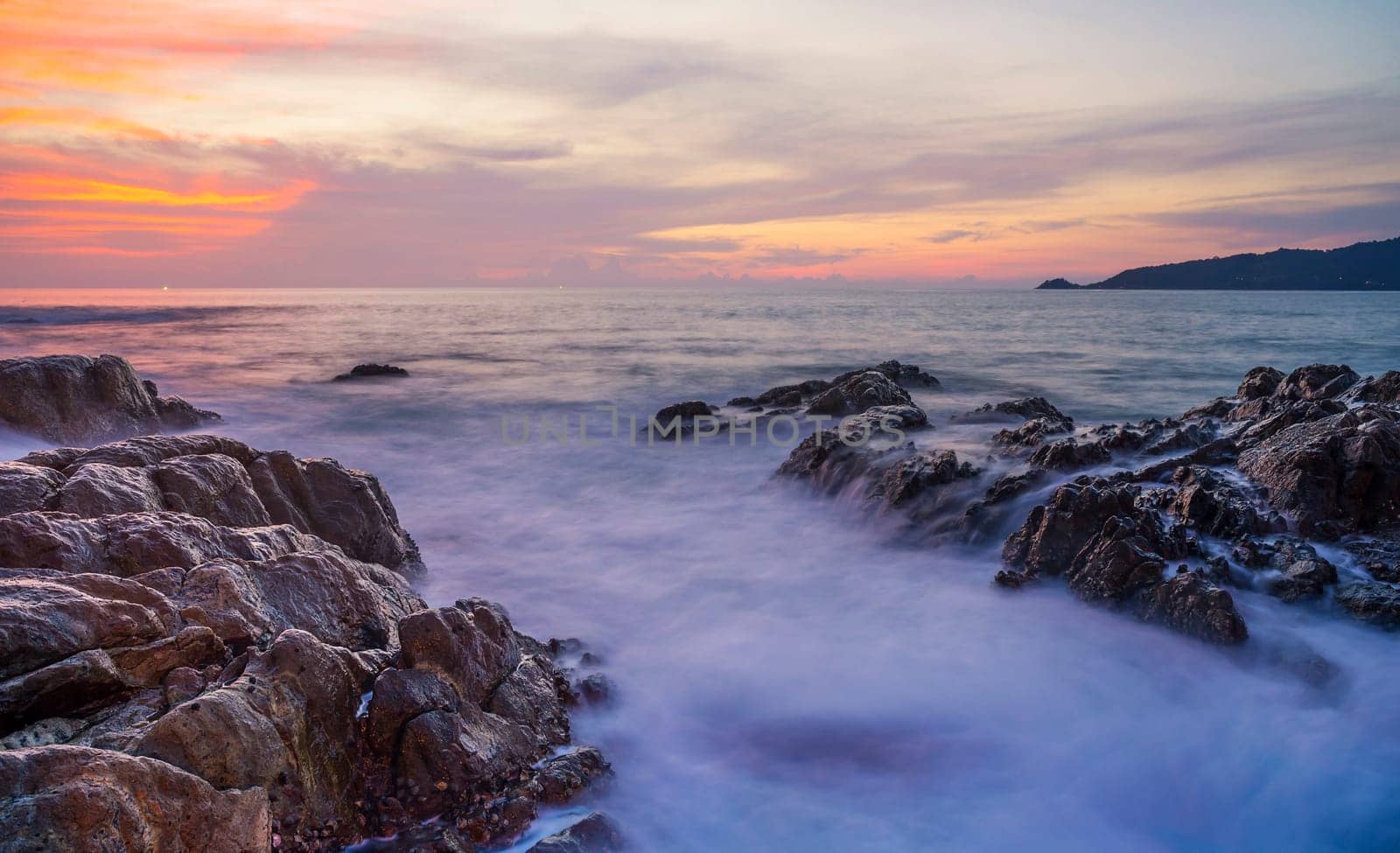 Sea sunset or sunrise with colorful of cloud sky and sunlight in twilight