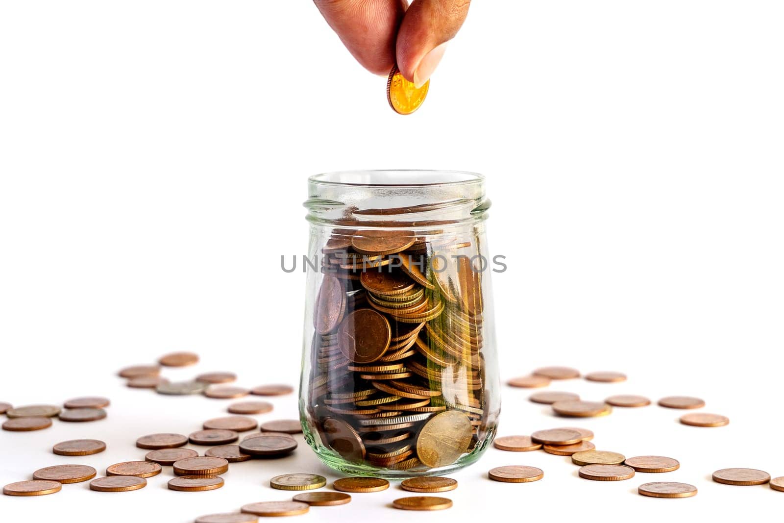 Save money and account banking for finance business concept, Coin money in bottle on white background, Savings for retirement and investing concept