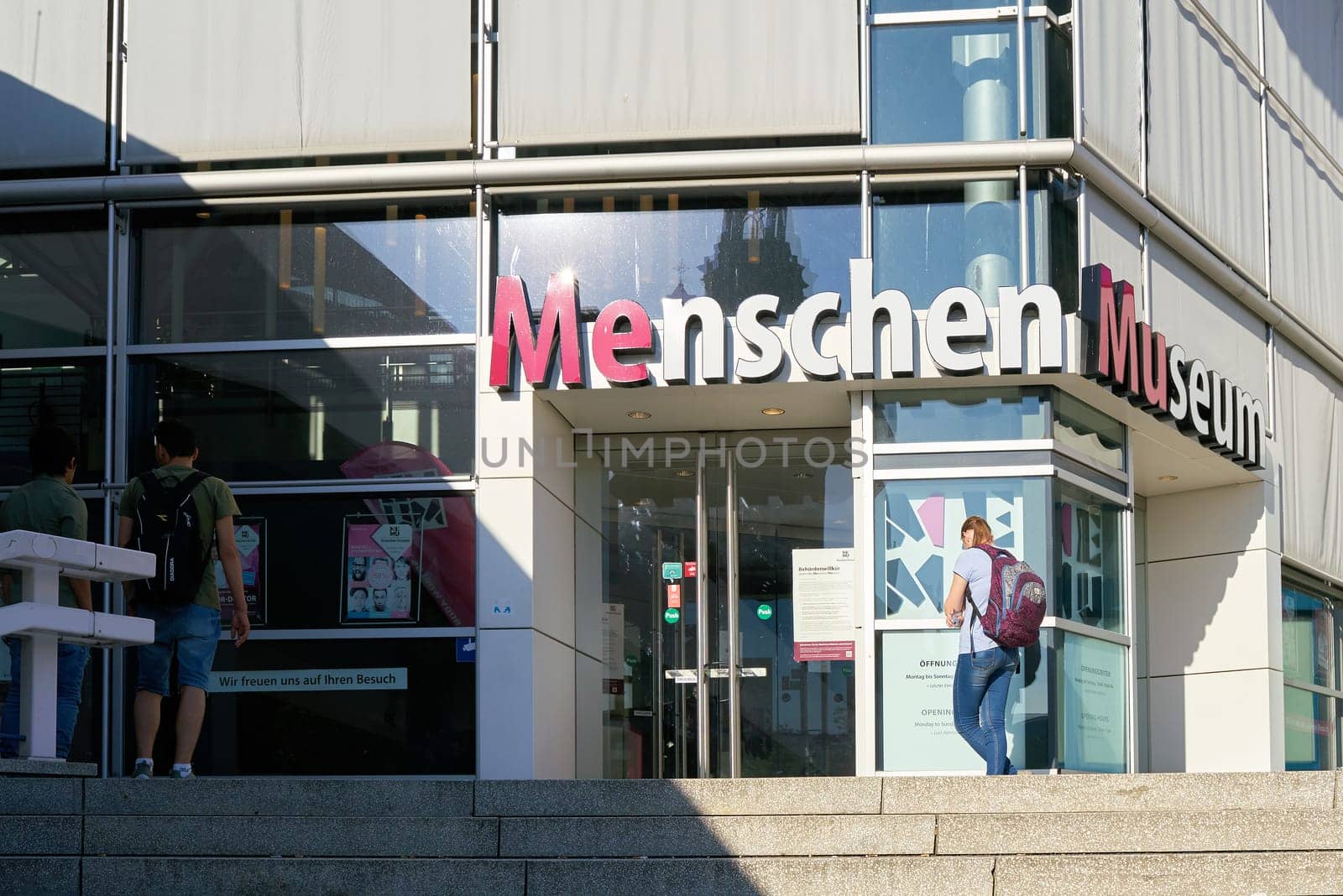 Entrance to the Menschen Museum by Gunther von Hagens at Alexanderplatz in Berlin. The museum is very controversial because preserved dead people are exhibited in it.