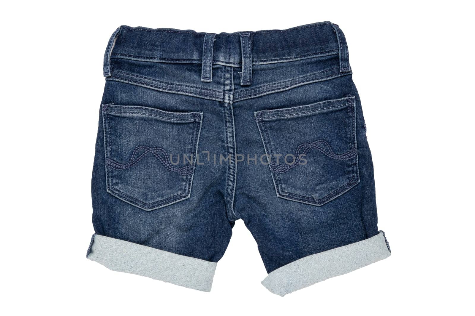 Jeans shorts isolated. Trendy stylish short jeans pants with white ribbon for child boy isolated on a white background. Fashionable denim short pants. Back view.
