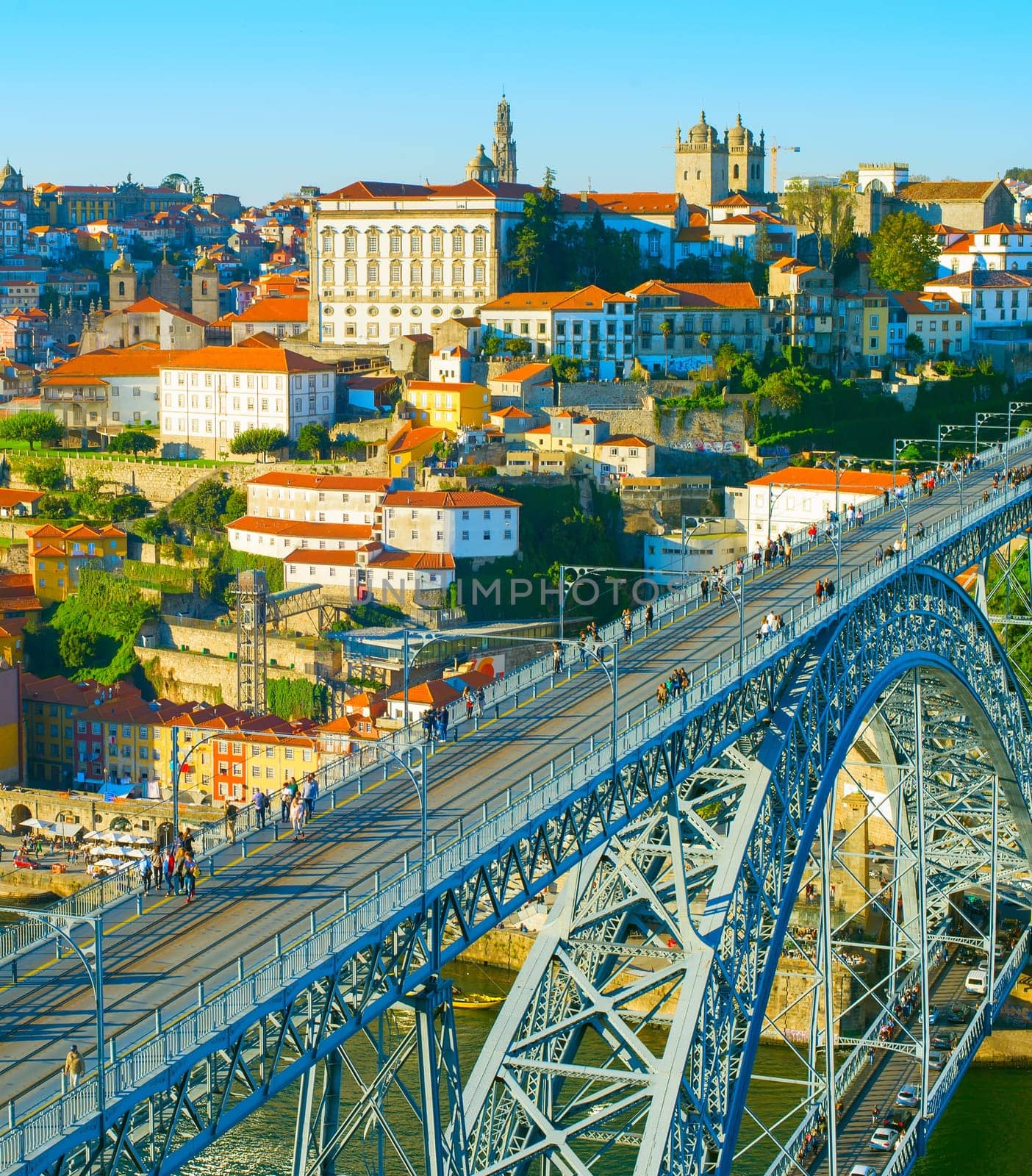 Skyline of Porto Old Town with famous Dom Luis II bridge. Portugal