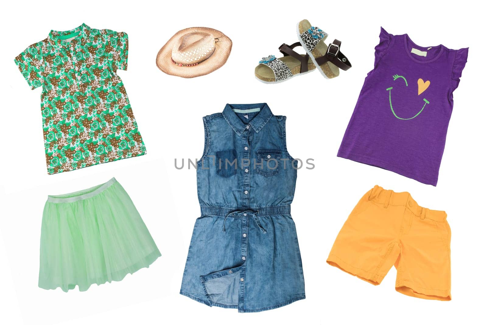 Collage set of little girl summer clothes isolated on a white background. The collection of a sleeveless jeans dress, shoes, short summer skirt, two shirts and a short pant. Little girl fashion.