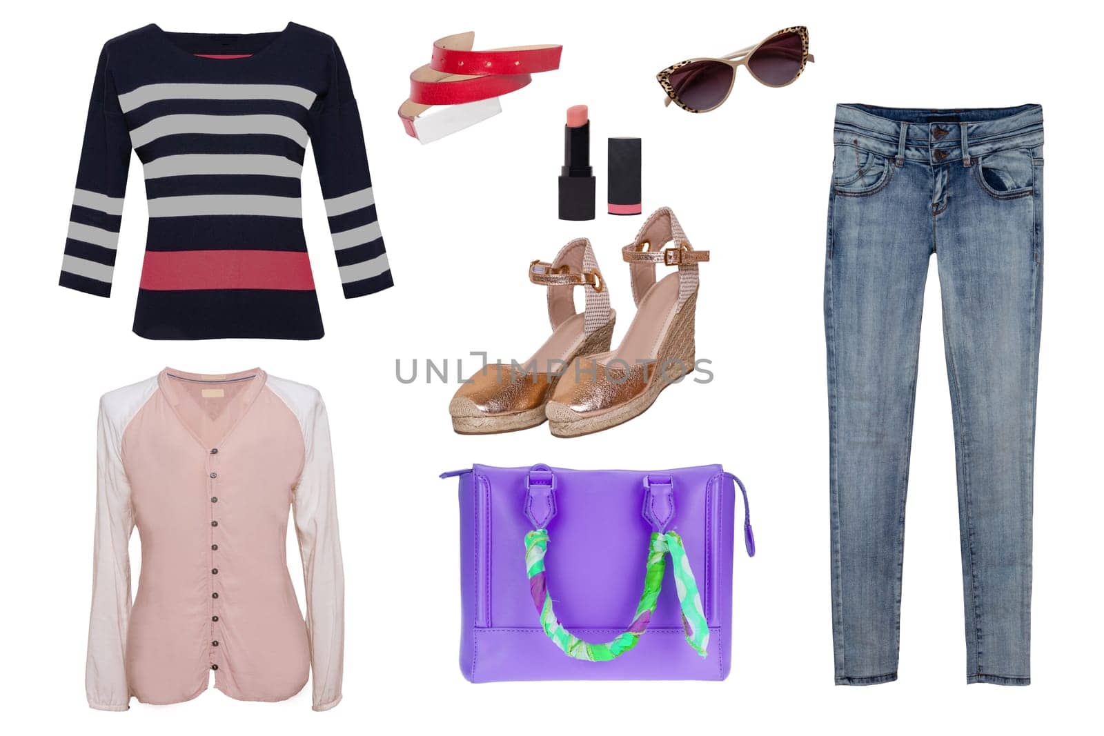 Collage woman clothes. Set of stylish and trendy women jeans, blouse or shirt, golden shoes, a handbag and other accessories isolated on a white background. Latest fashion trends.