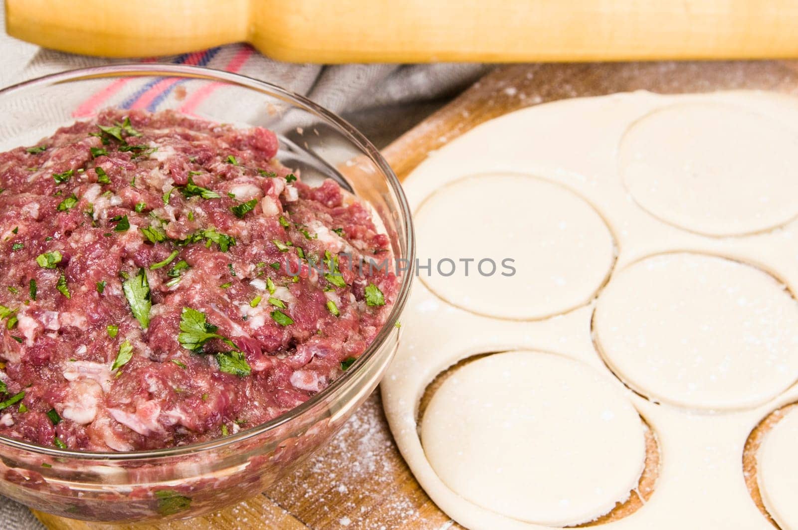 fresh raw dough and beef mince for cooking culinary products