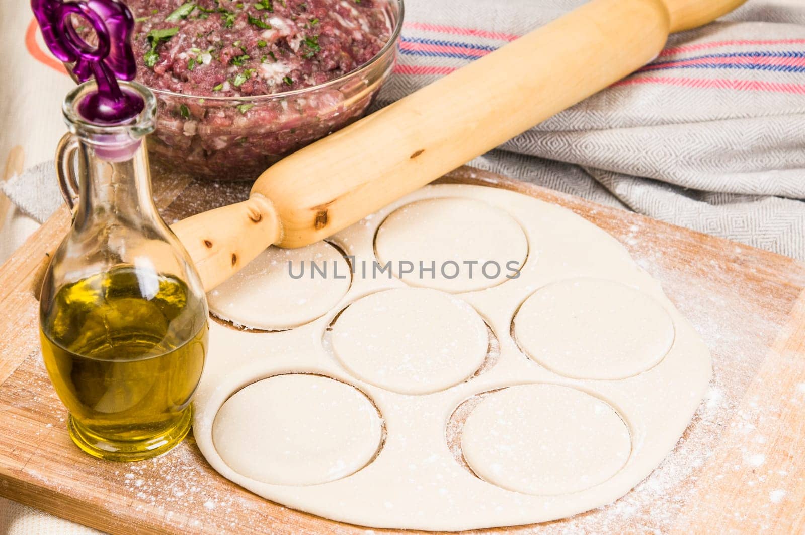 fresh raw dough and beef mince for cooking culinary products