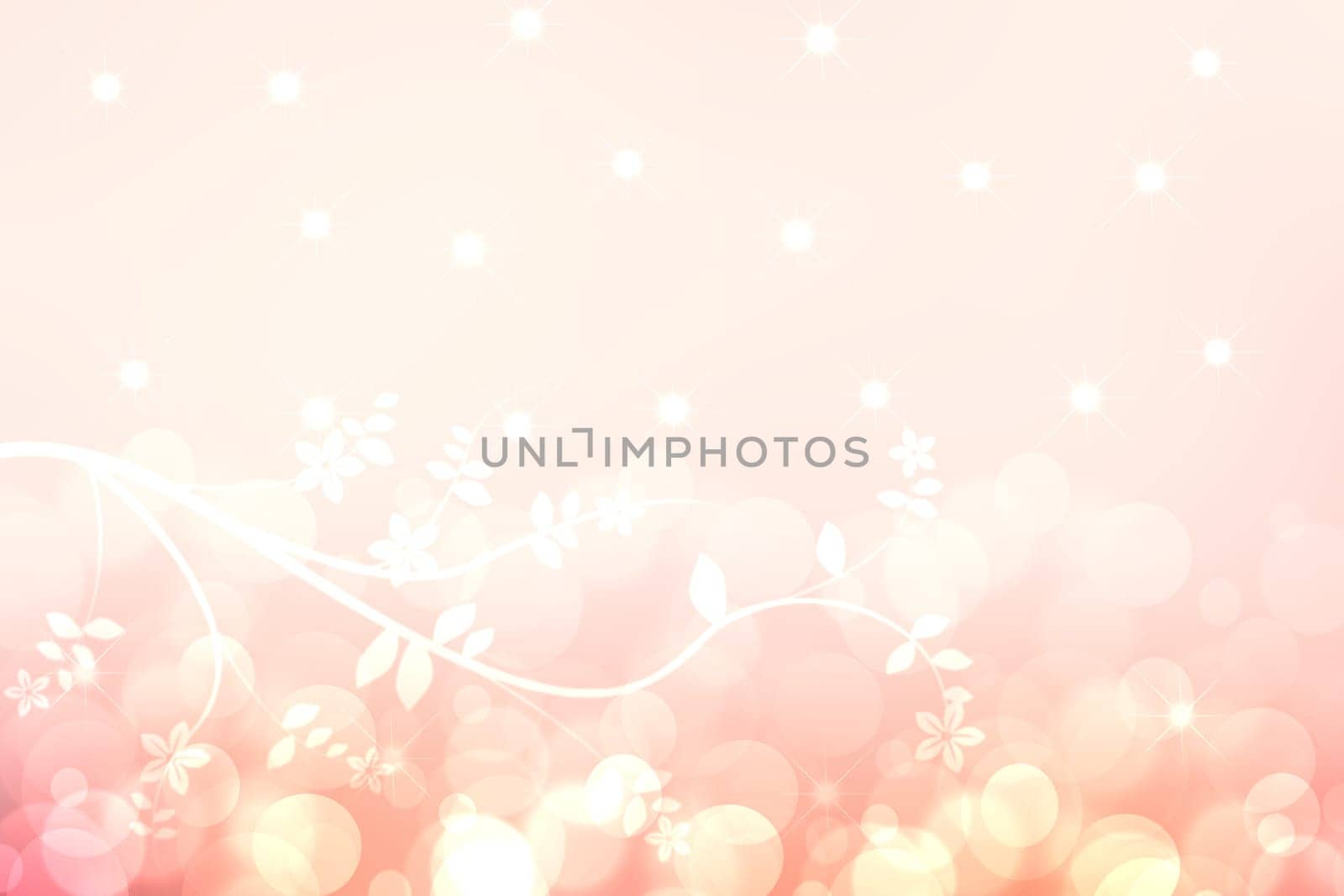 Festive pink white bright abstract Bokeh background texture on pastel color tone gradient with abstract flowers, blossoms and stars. Beautiful backdrop with space.