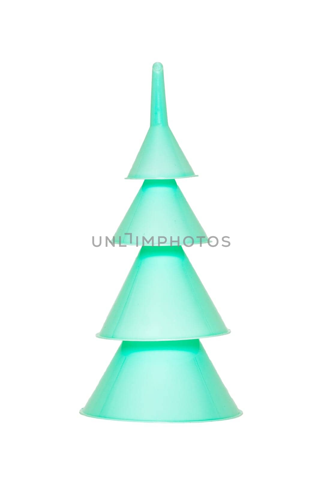 Funnel isolated. Closeup of four turquoise plastic funnels of different sizes isolated on a white background. Macro.