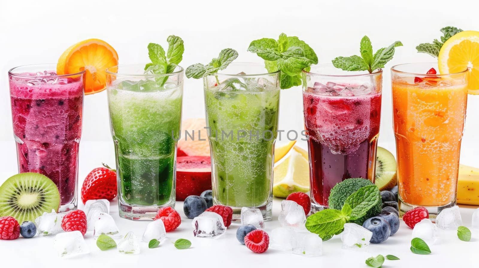 Vibrant cocktails made from blended fruits and vegetables are arranged in tall glasses. Each drink features unique colors and garnishes, creating a festive atmosphere.