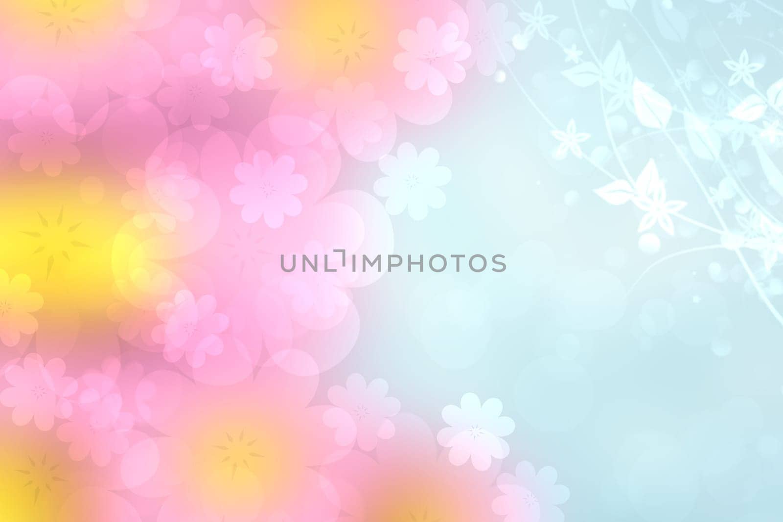 Abstract blurred vivid spring summer light delicate pastel pink blue bokeh background texture with bright soft color cherry blossoms and flowers. Card concept. Beautiful backdrop illustration.