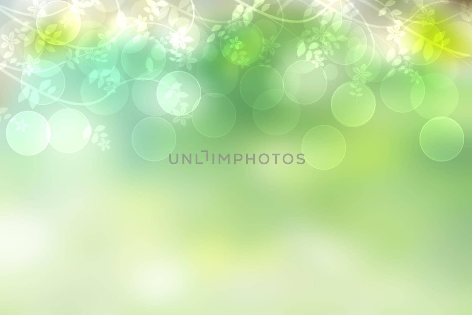 Abstract gradient green light and yellow colorful pastel spring or summer bokeh background with leaves and circular lights. Beautiful texture.