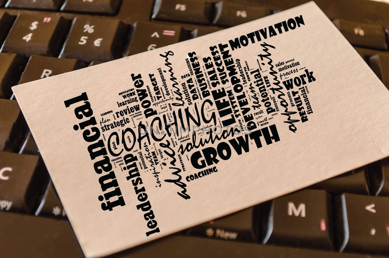 Coaching word cloud collage over keyboard background