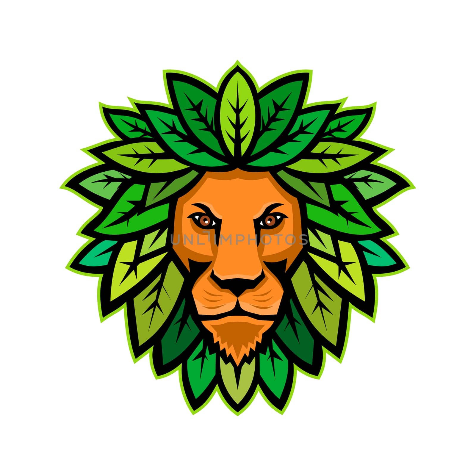Mascot icon illustration of head of a lion with leaves as mane viewed from front on isolated background in retro style.