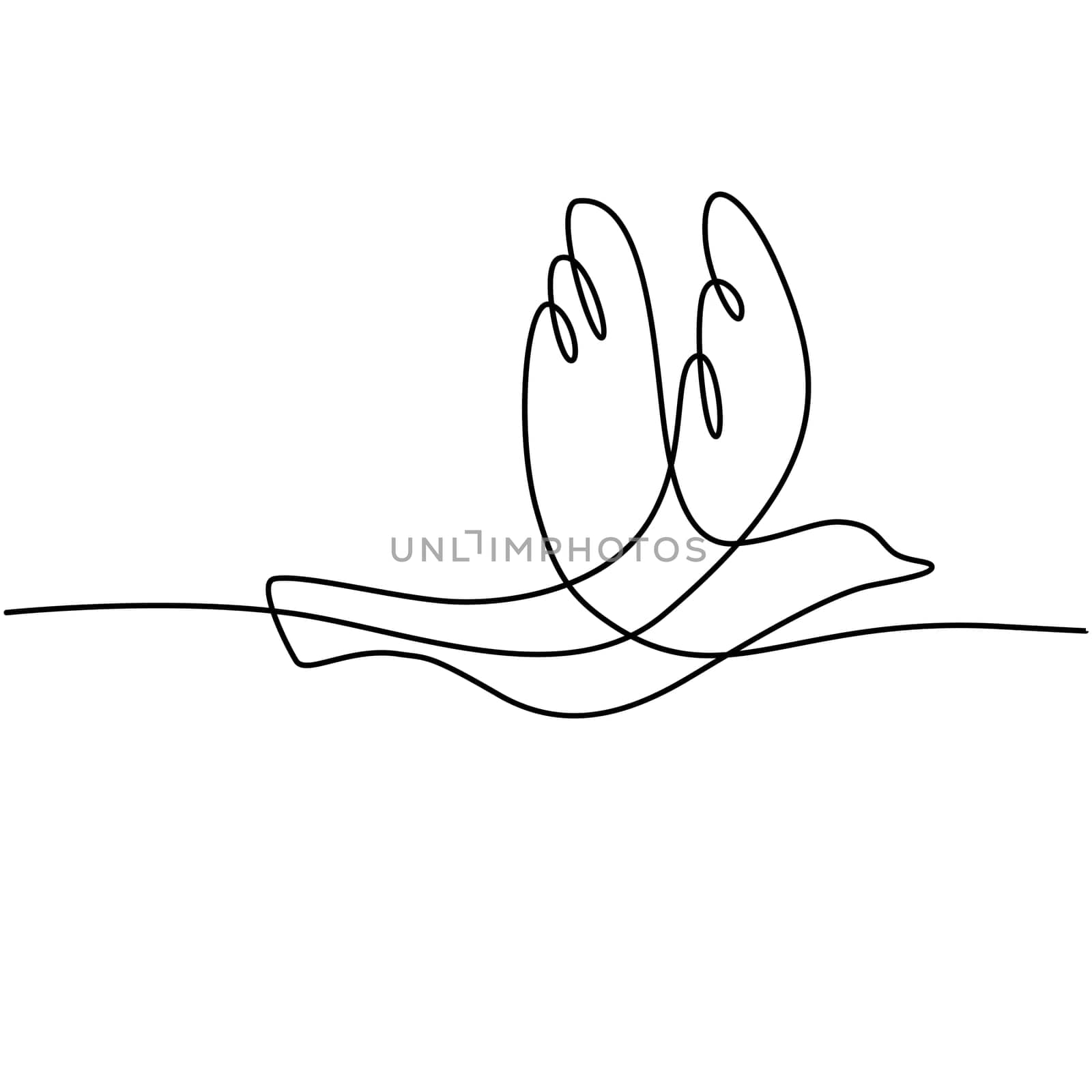 Continuous line illustration of dove or bird flying viewed from side done in black and white monoline style.