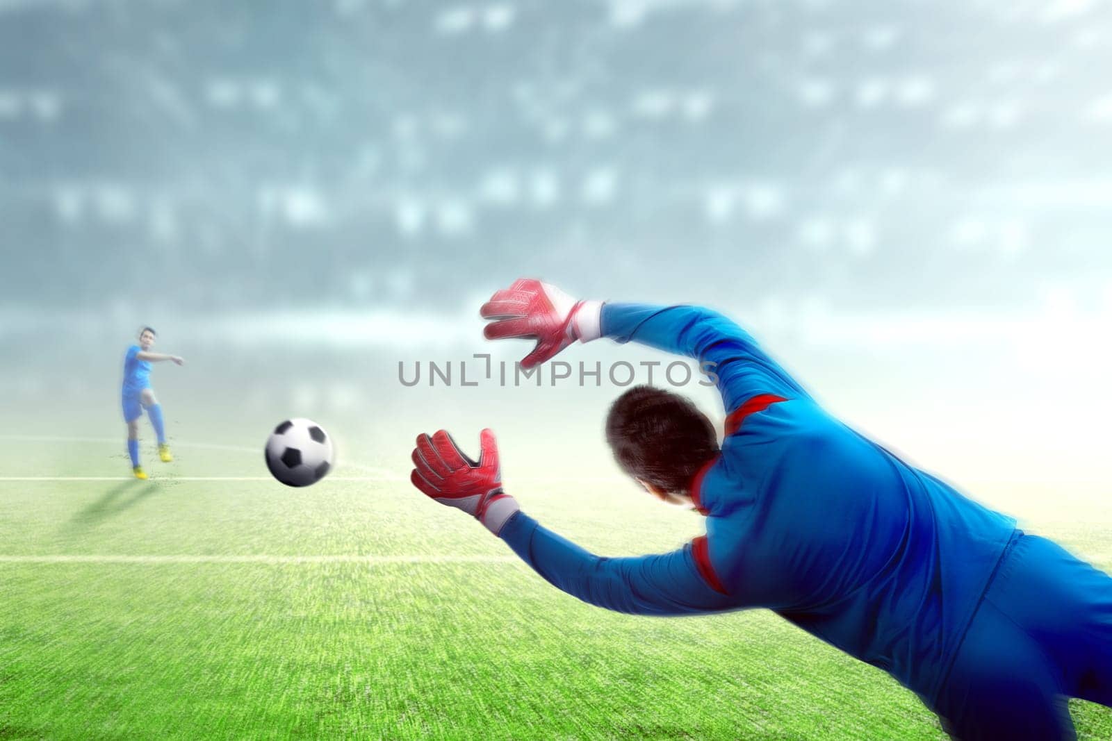 Asian football player man kicking the ball to the goal on football field at stadium