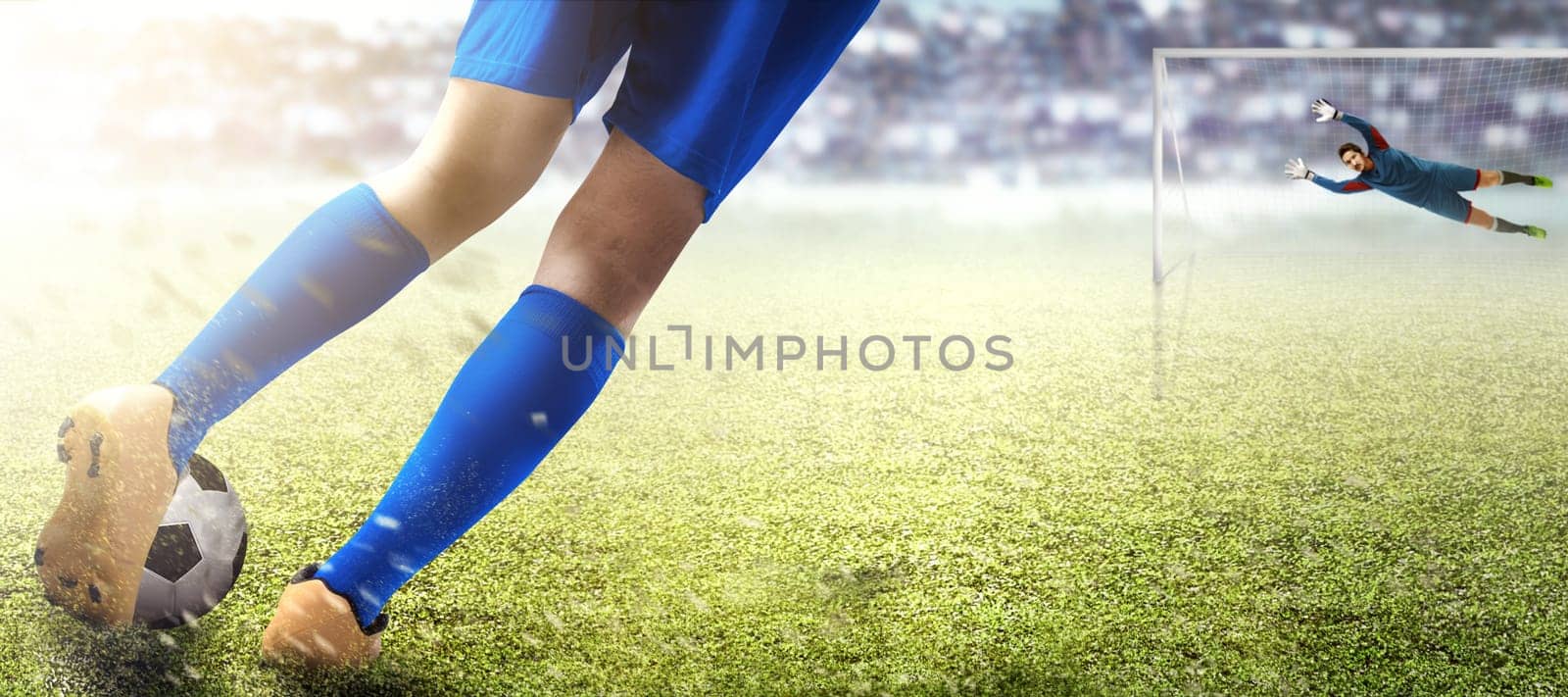 Football player man kicking the ball in the penalty box and asian goalkeeper trying to catch the ball on football field at stadium